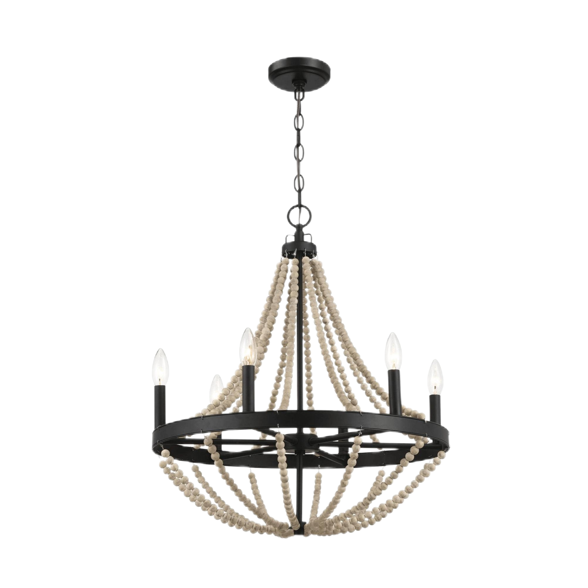 Starry Wood Chandelier Farmhouse Six Candle Light Wood Beaded Black Pendant Light for Dining Room