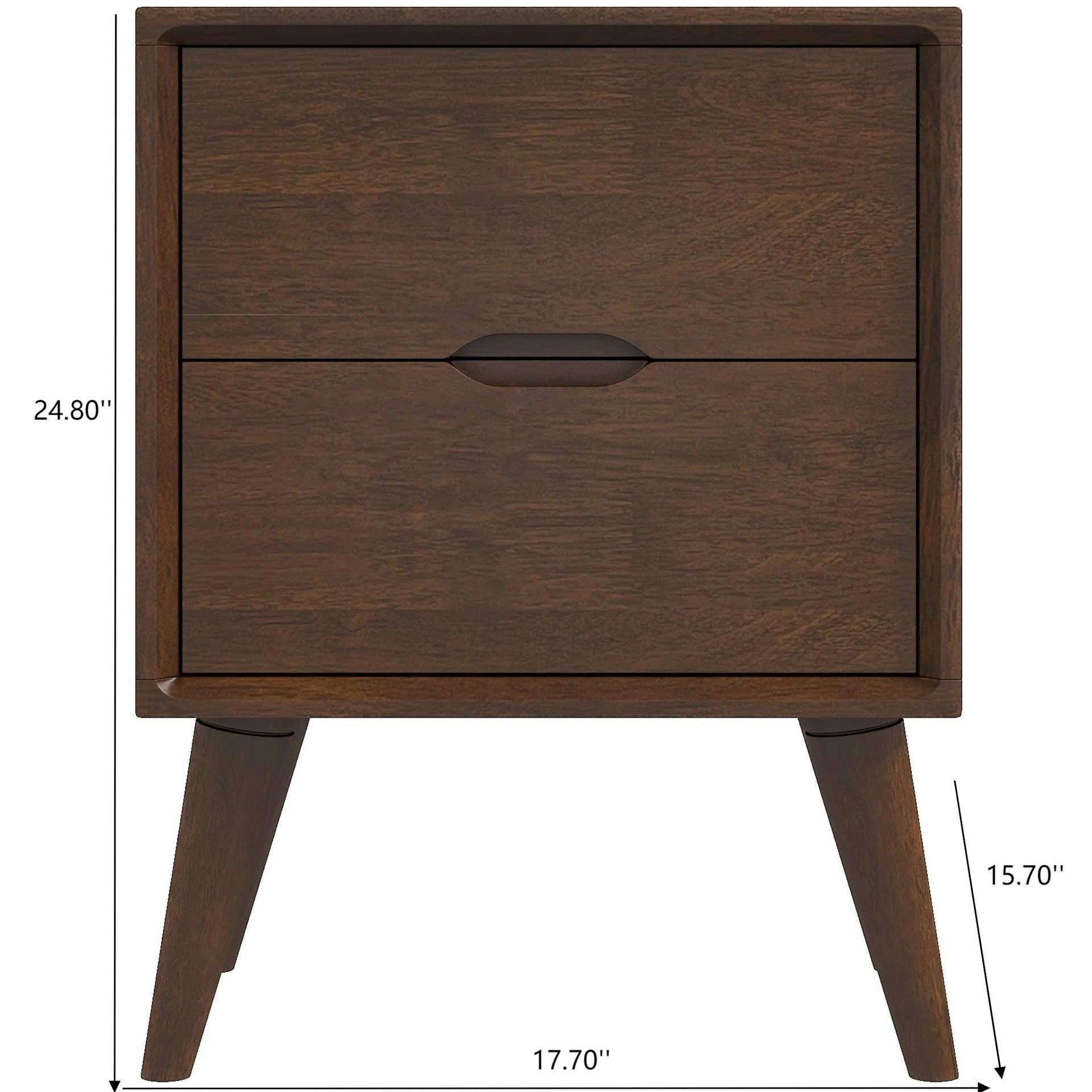 Alexandra Mid-Century Modern Night Stand with 2 Drawers in Walnut Brown Solid Wood 24.8"H x 17.7"W x 15.7"D