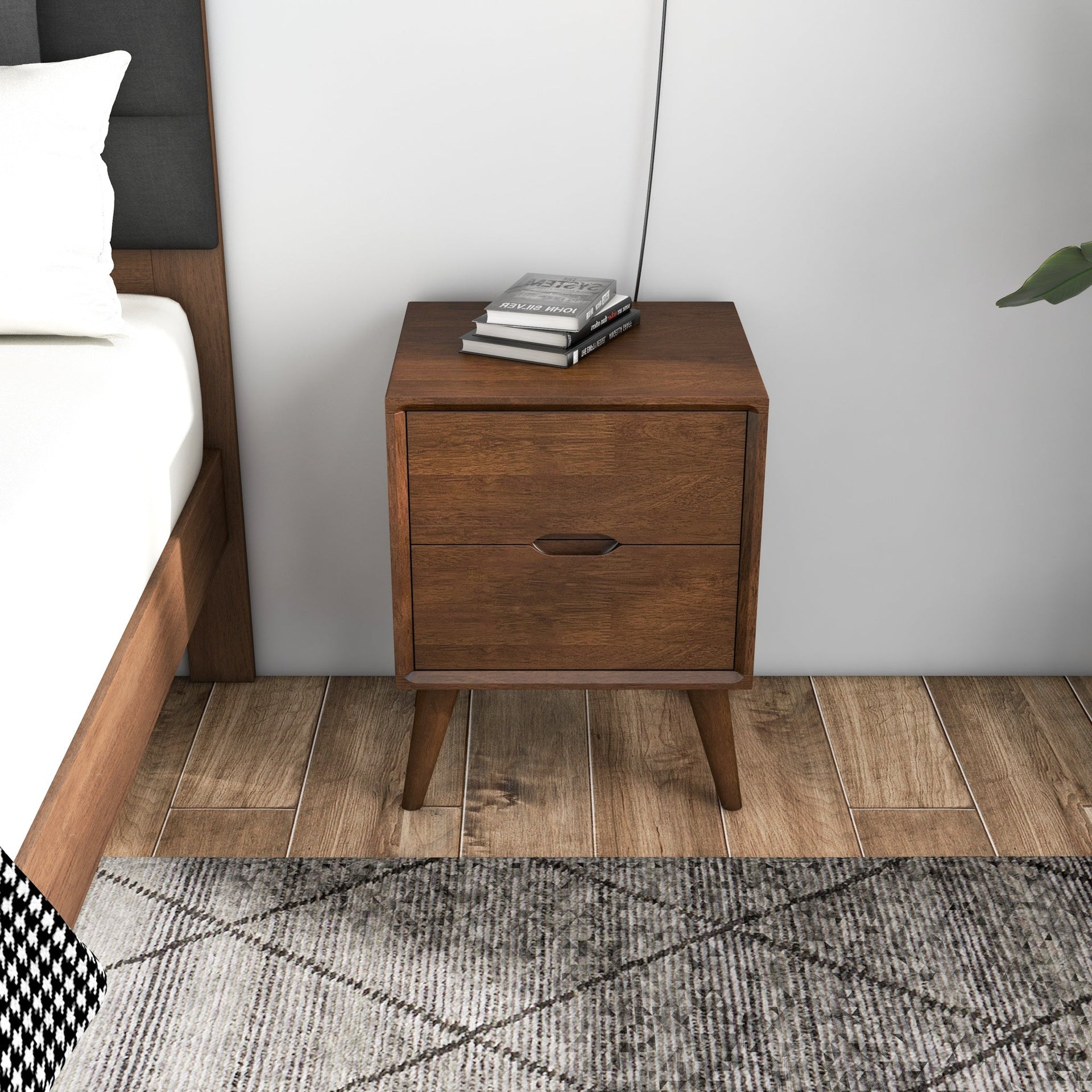 Alexandra Mid-Century Modern Night Stand with 2 Drawers in Walnut Brown Solid Wood 24.8"H x 17.7"W x 15.7"D