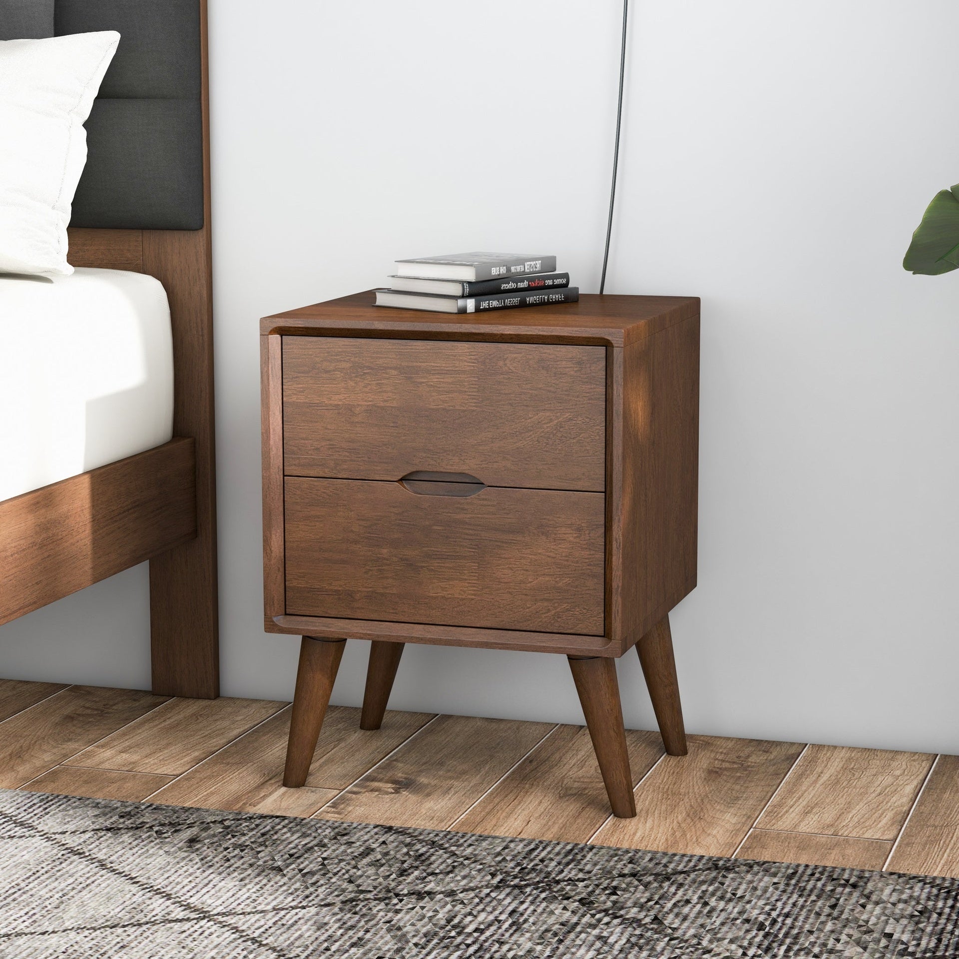 Alexandra Mid-Century Modern Night Stand with 2 Drawers in Walnut Brown Solid Wood 24.8"H x 17.7"W x 15.7"D