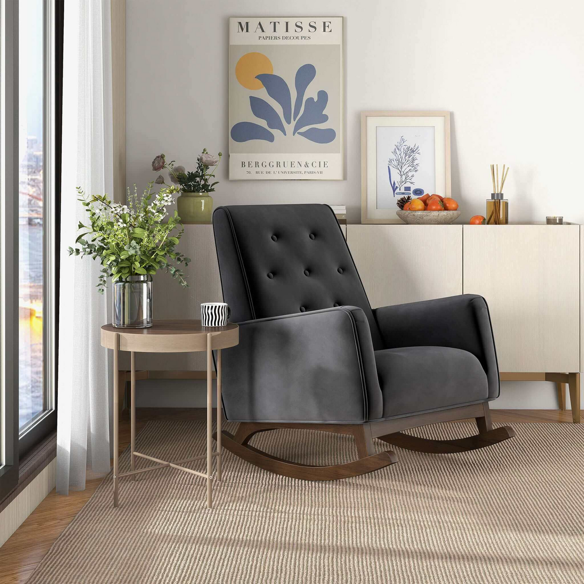 Elegant Style Demetrius Dark Grey Fabric Rocking Chair with Solid Wood Frame for Living Room and Nursery 36.6"H x 27.5"W x 39"D for Living Room Bedroom Reading
