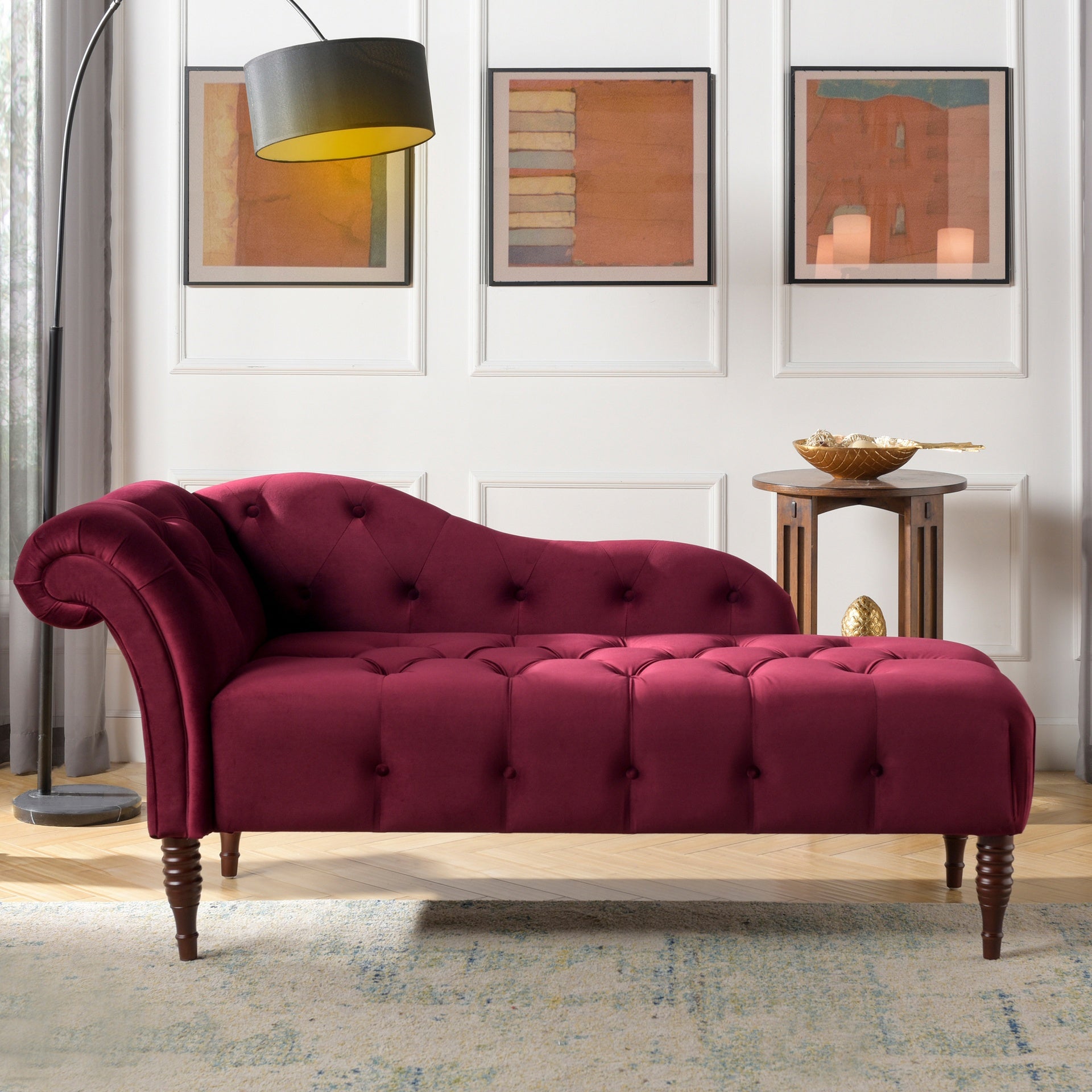 Samuel Tufted Roll Arm Chaise Lounge, Burgundy Velvet
