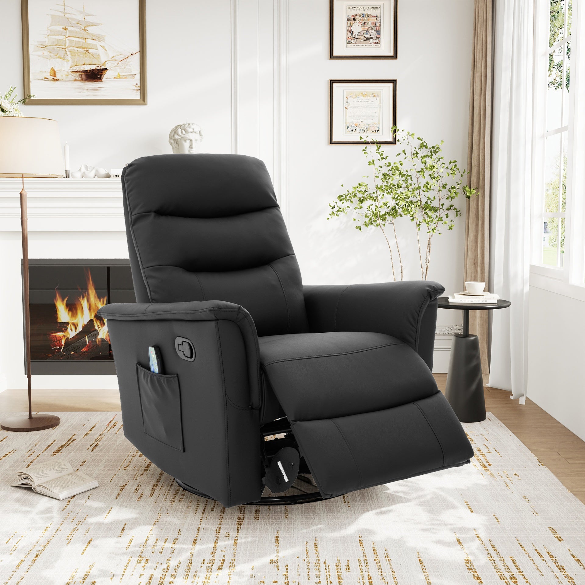 Manual Recliner Chair Rocking and Swivel Recliner Nursery Rocking Recliner Massage Recliner with 8-Point Massage Function and Adjustable Backrest for Living Room, Bedroom and Nursery, Black