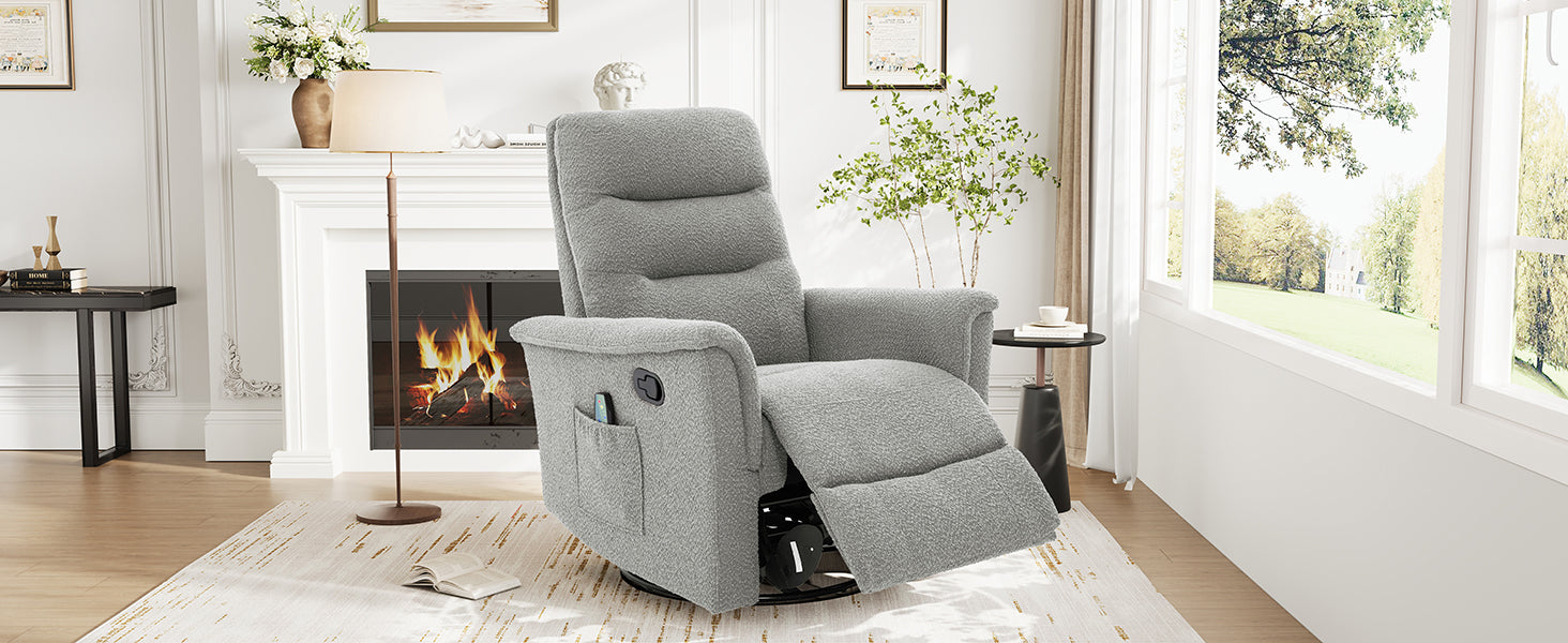 Manual Recliner Chair Rocking and Swivel Recliner Nursery Rocking Recliner Massage Recliner with 8-Point Massage Function and Adjustable Backrest for Living Room, Bedroom and Nursery, Grey