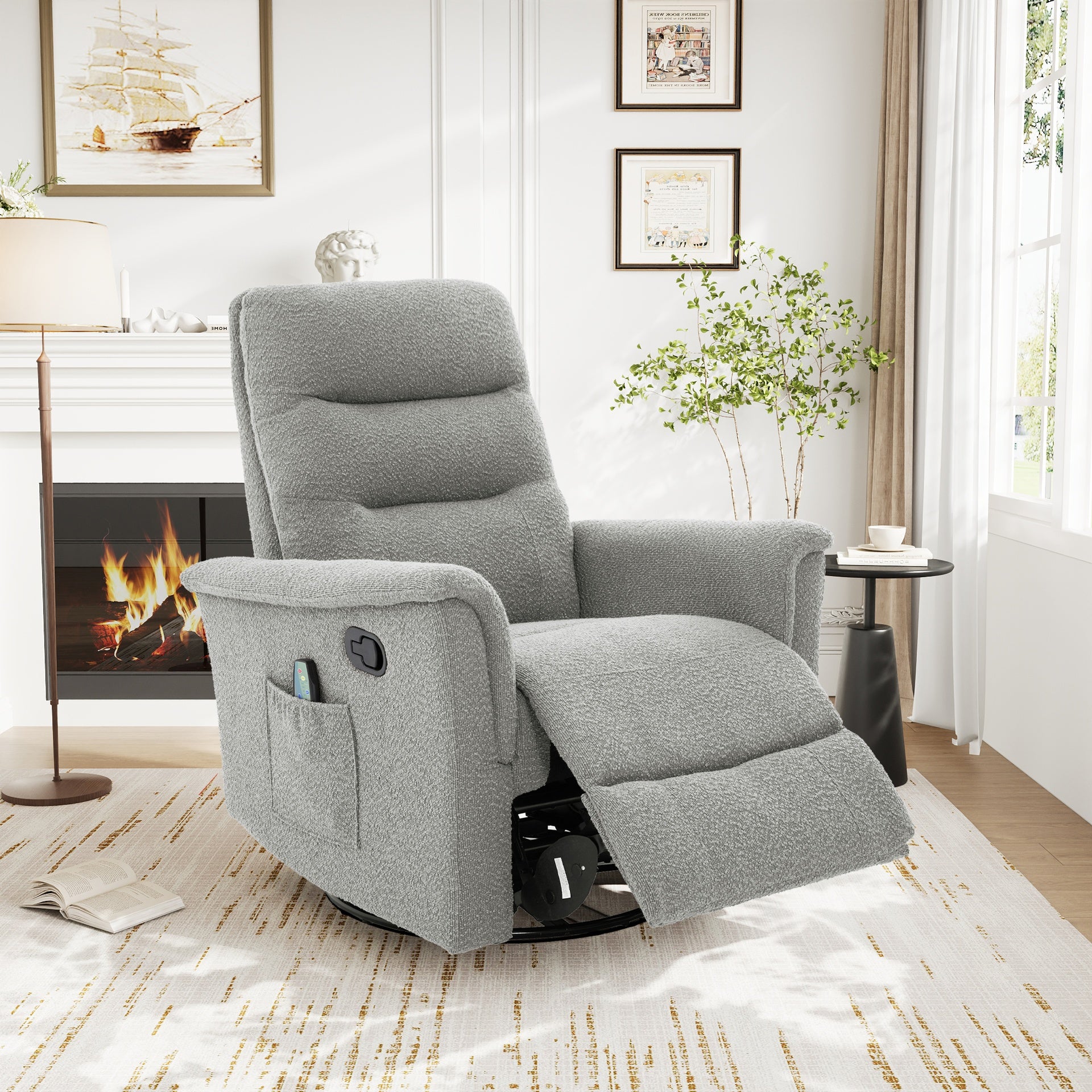 Manual Recliner Chair Rocking and Swivel Recliner Nursery Rocking Recliner Massage Recliner with 8-Point Massage Function and Adjustable Backrest for Living Room, Bedroom and Nursery, Grey