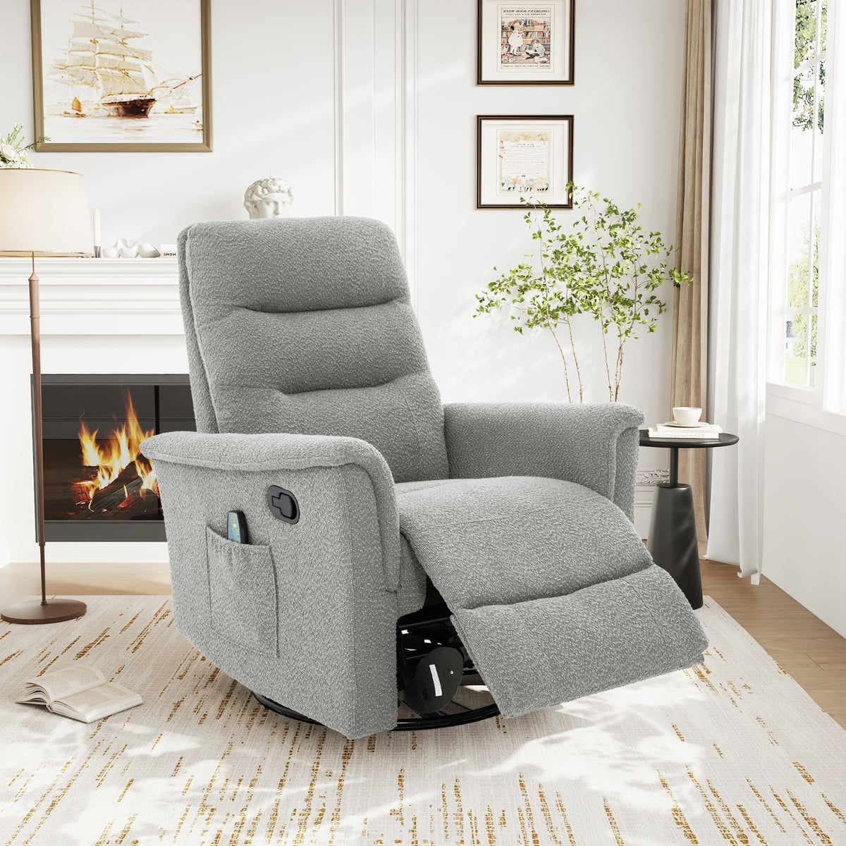 Manual Recliner Chair Rocking and Swivel Recliner Nursery Rocking Recliner Massage Recliner with 8-Point Massage Function and Adjustable Backrest for Living Room, Bedroom and Nursery, Grey