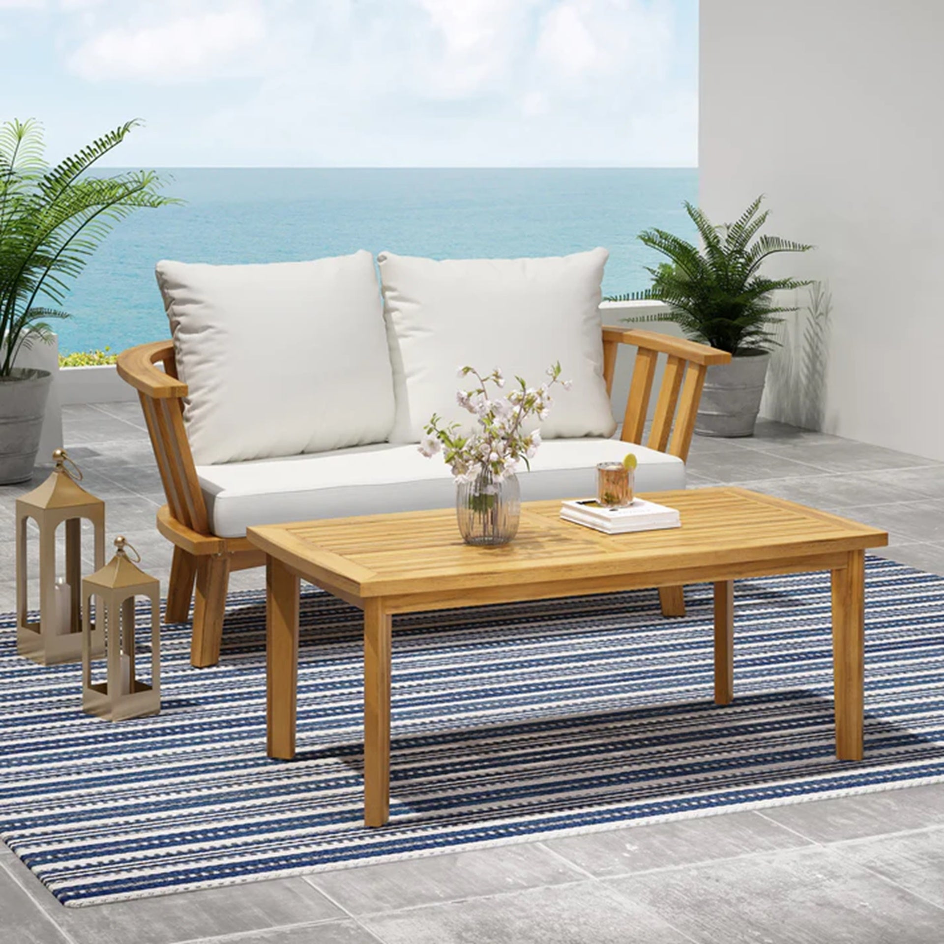 2 - Person Outdoor Acacia Wood Patio Seating Group with Cushions and Coffee Table for Porch, Garden, Backyard, Balcony, Teak Finish, White