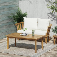 2 - Person Outdoor Acacia Wood Patio Seating Group with Cushions and Coffee Table for Porch, Garden, Backyard, Balcony, Teak Finish, White