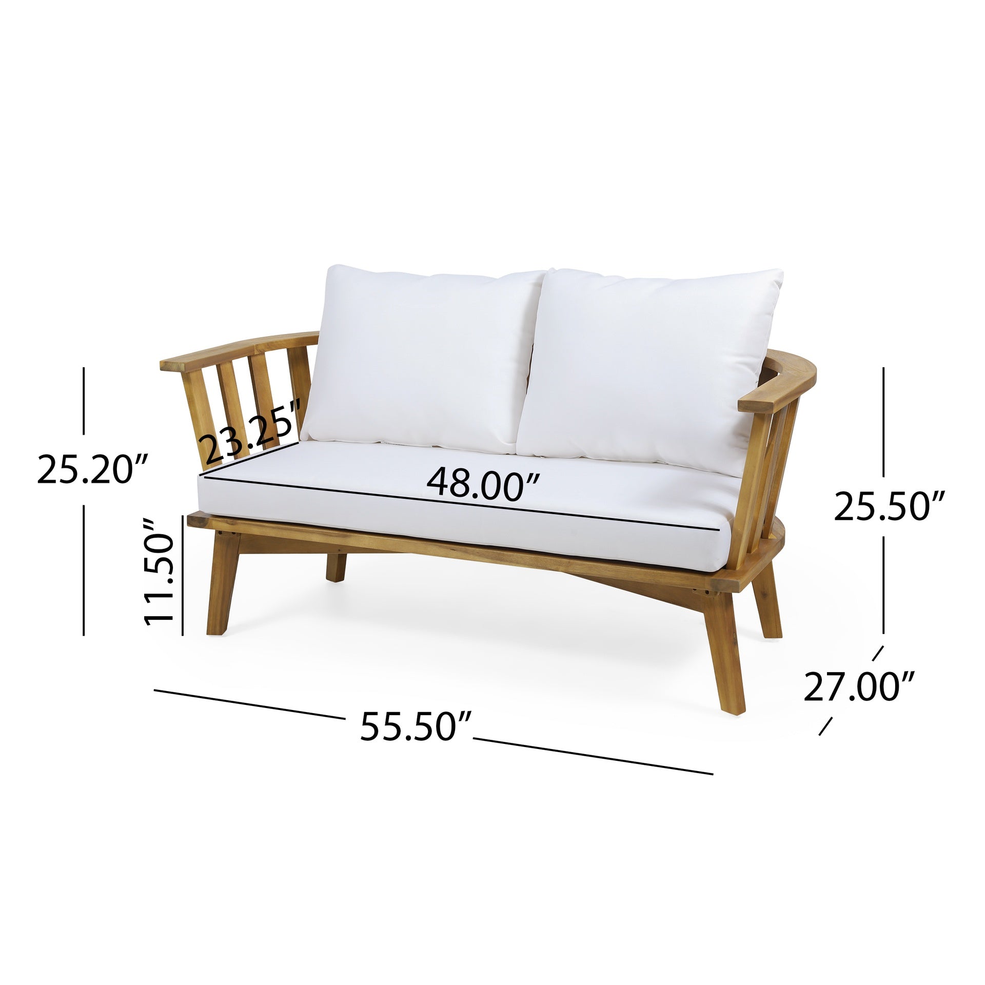 2 - Person Outdoor Acacia Wood Patio Seating Group with Cushions and Coffee Table for Porch, Garden, Backyard, Balcony, Teak Finish, White