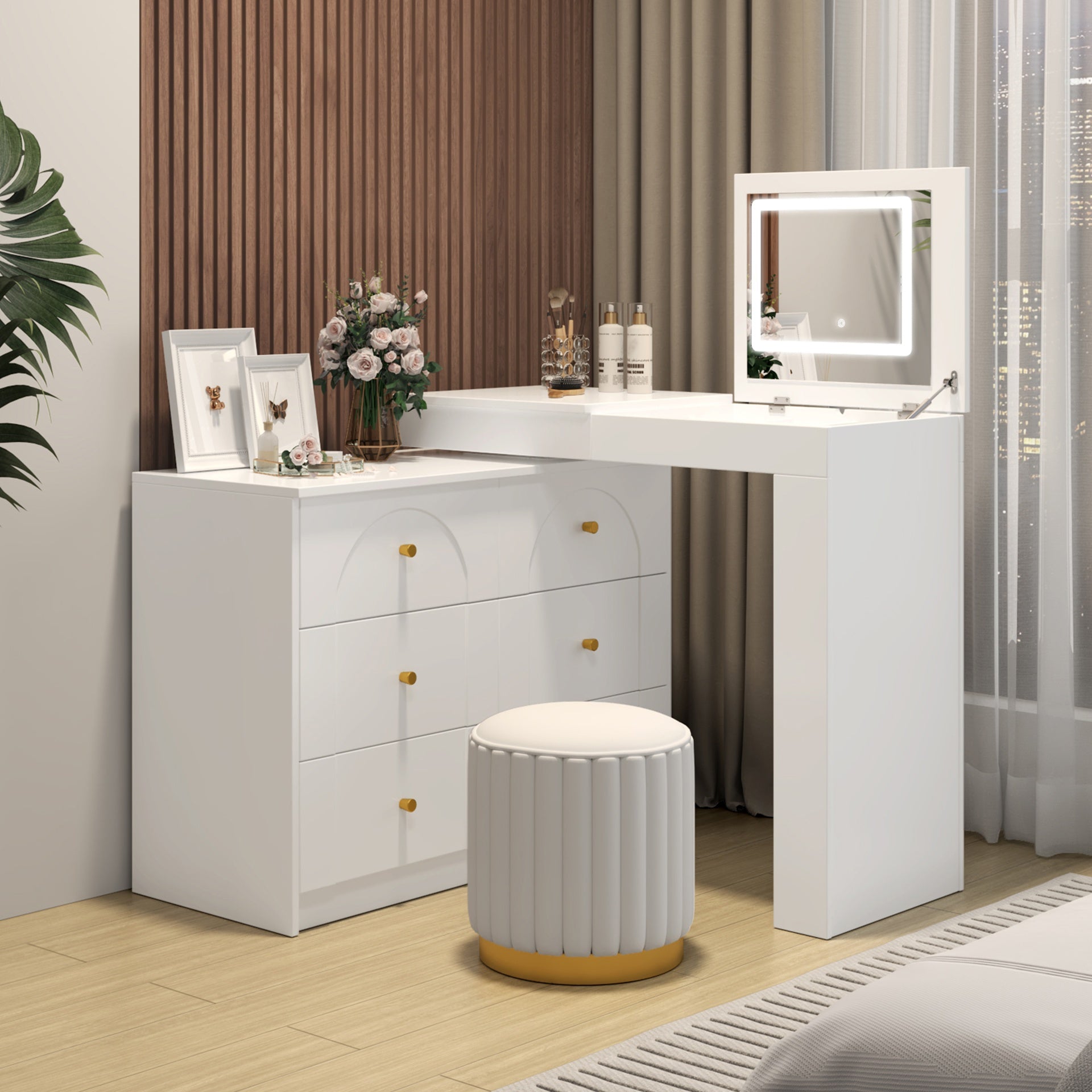 Vanity Desk with Mirror and Lights, Makeup Vanity Table with Flip-Top Tabletop and Storage 7 Drawers, 9 Compartments, 3 Shelves, 3 Color Modes Adjustable Makeup Table for Bedroom,White (N733P279096K)