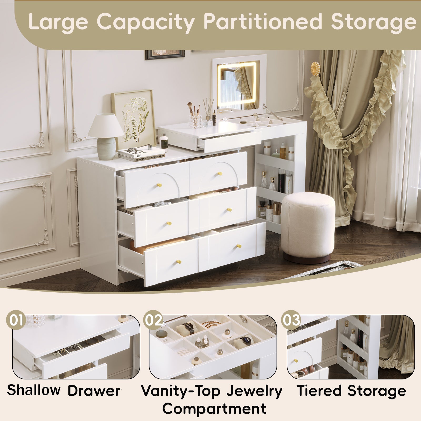 Vanity Desk with Mirror and Lights, Makeup Vanity Table with Flip-Top Tabletop and Storage 7 Drawers, 9 Compartments, 3 Shelves, 3 Color Modes Adjustable Makeup Table for Bedroom,White (N733P279096K)