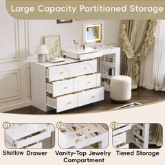 Vanity Desk with Mirror and Lights, Makeup Vanity Table with Flip-Top Tabletop and Storage 7 Drawers, 9 Compartments, 3 Shelves, 3 Color Modes Adjustable Makeup Table for Bedroom,White (N733P279096K)