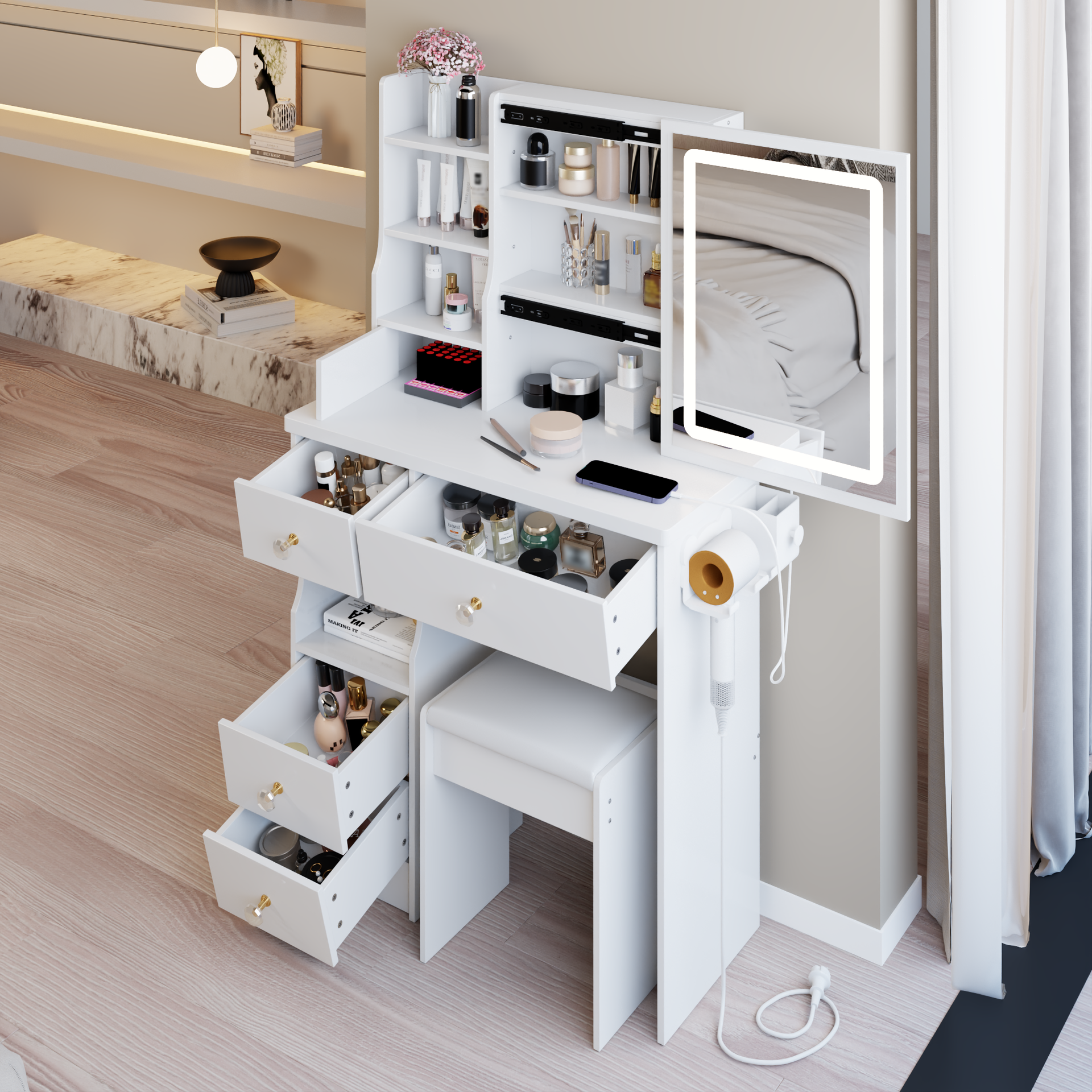 29.2 inch  Small Size Drawer Desktop Vanity Table + Cushioned Stool, 2 AC+2 USB Power Station, Hair dryer bracket, Extra Large Touch Control Sliding LED Mirror, 3-color Switching, EPA, GCC, UL Certificate
