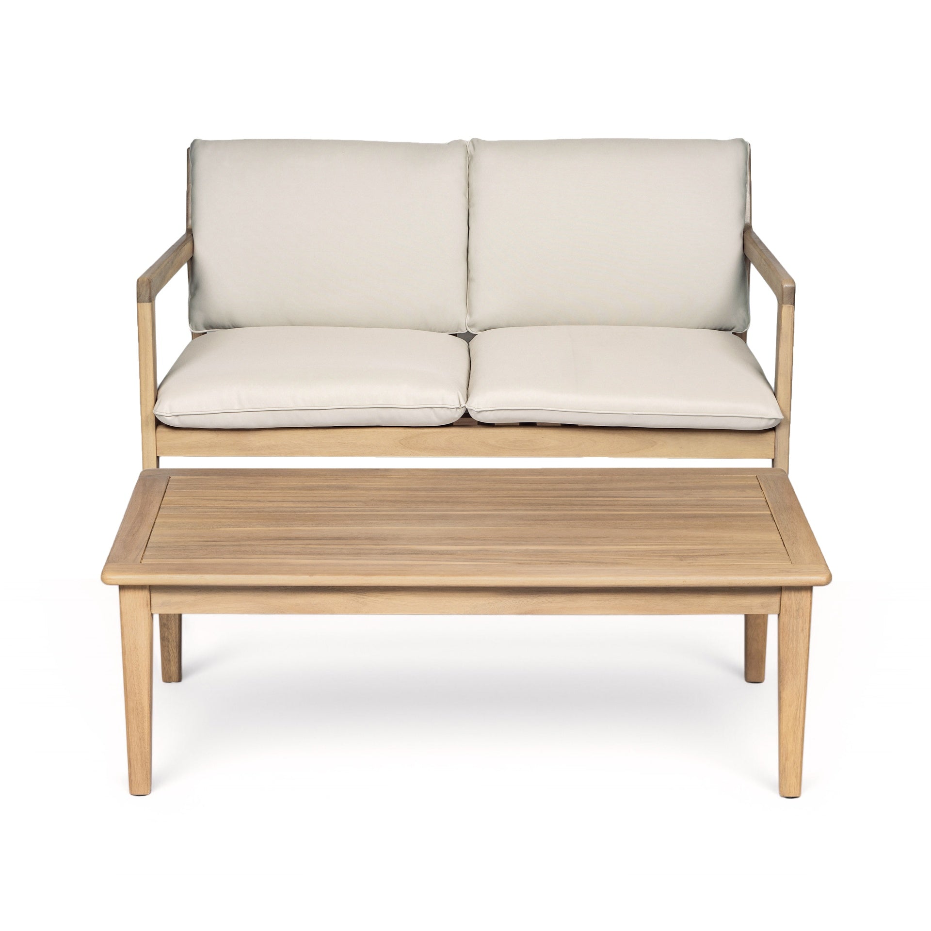 Outdoor Acacia Wood Loveseat with Coffee Table, Light Teak Frame, Beige Cushion