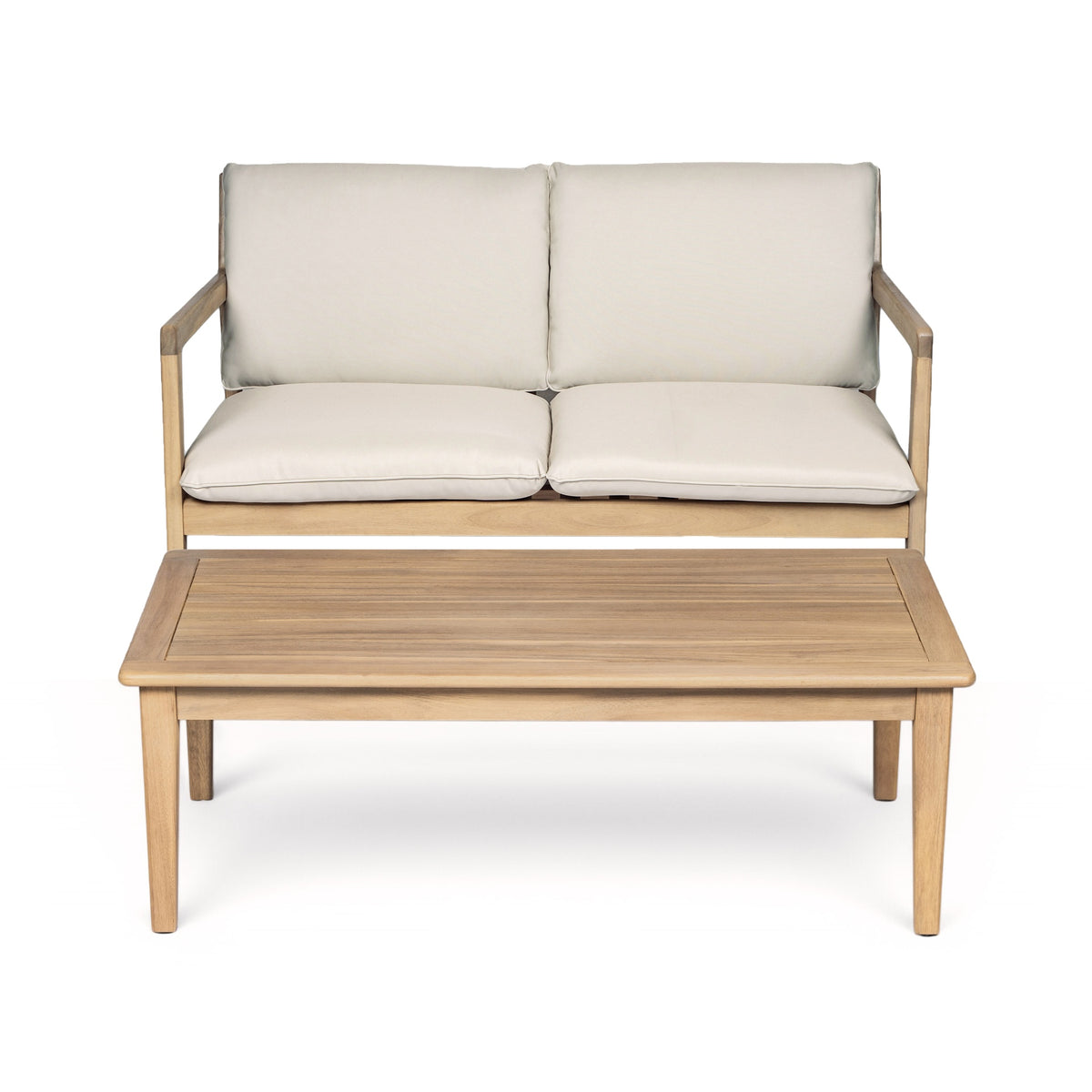 Outdoor Acacia Wood Loveseat with Coffee Table, Light Teak Frame, Beige Cushion