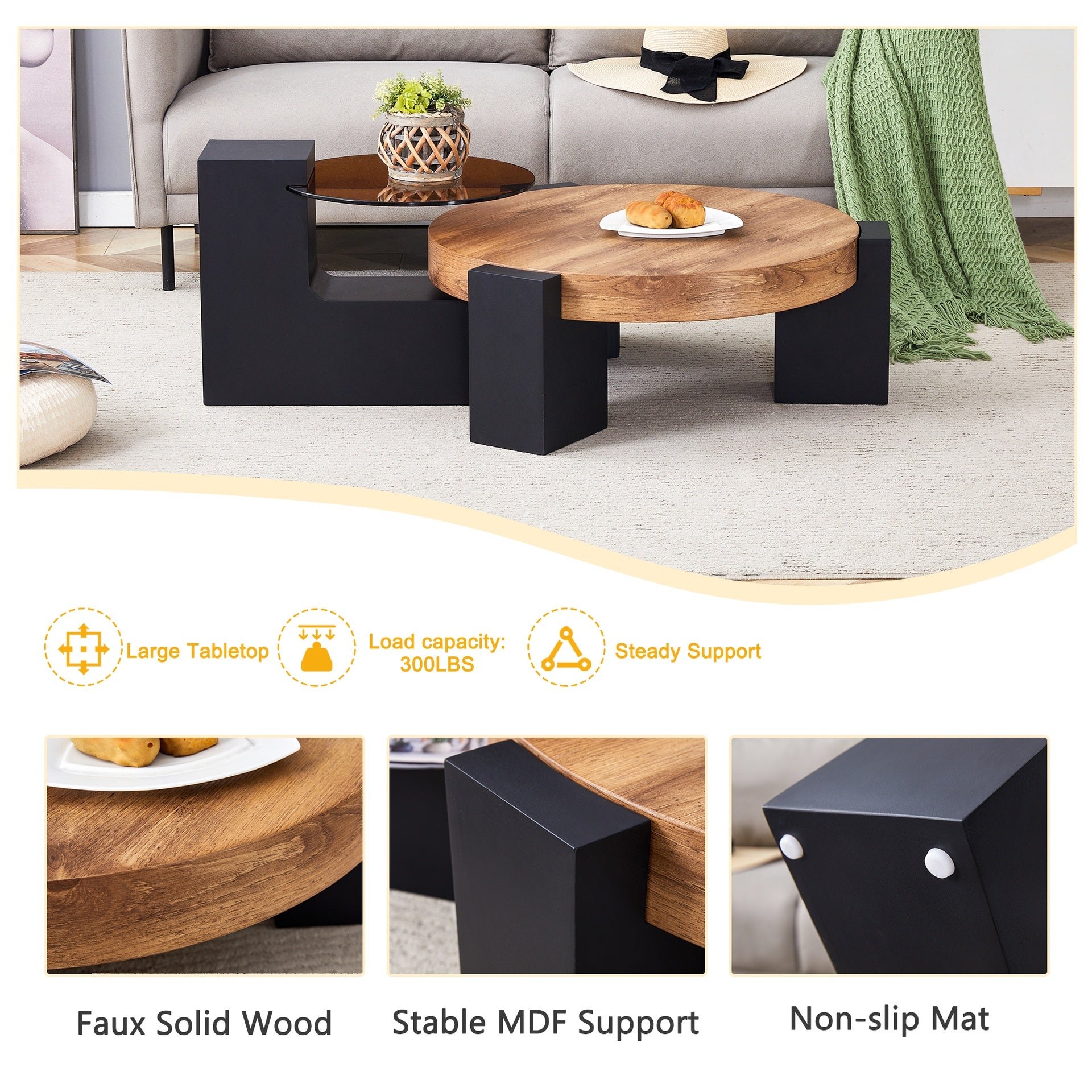 Modern Simple Double-Layer Round Coffee Table - Transparent Brown Glass Top with Black MDF L-Shaped Legs.The detachable design can make the use of space more flexible.