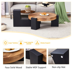 Modern Simple Double-Layer Round Coffee Table - Transparent Brown Glass Top with Black MDF L-Shaped Legs.The detachable design can make the use of space more flexible.