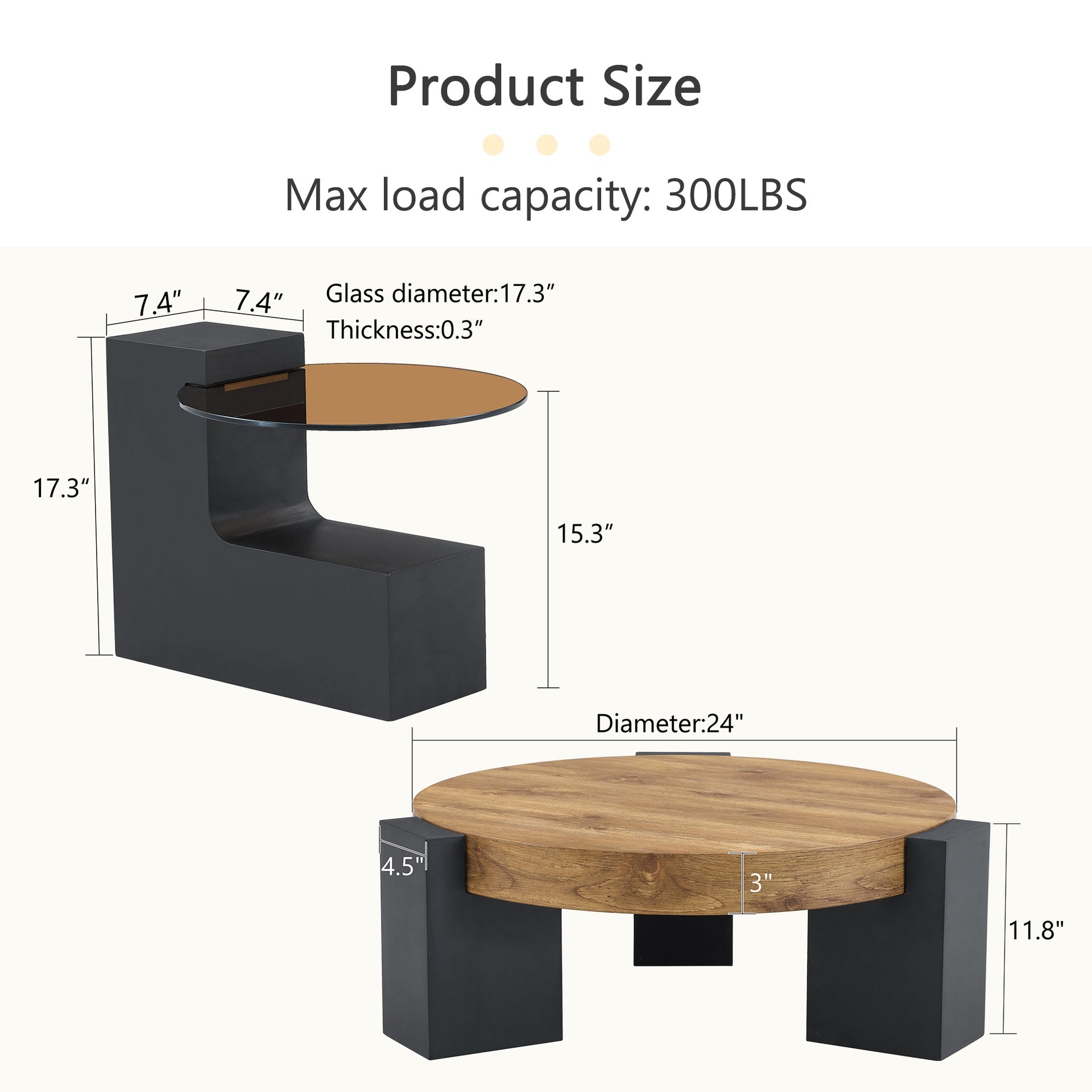 Modern Simple Double-Layer Round Coffee Table - Transparent Brown Glass Top with Black MDF L-Shaped Legs.The detachable design can make the use of space more flexible.