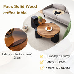 Modern Simple Double-Layer Round Coffee Table - Transparent Brown Glass Top with Black MDF L-Shaped Legs.The detachable design can make the use of space more flexible.