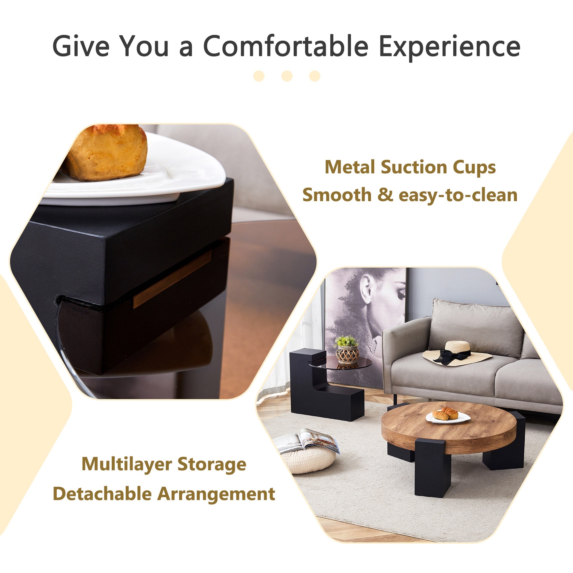 Modern Simple Double-Layer Round Coffee Table - Transparent Brown Glass Top with Black MDF L-Shaped Legs.The detachable design can make the use of space more flexible.
