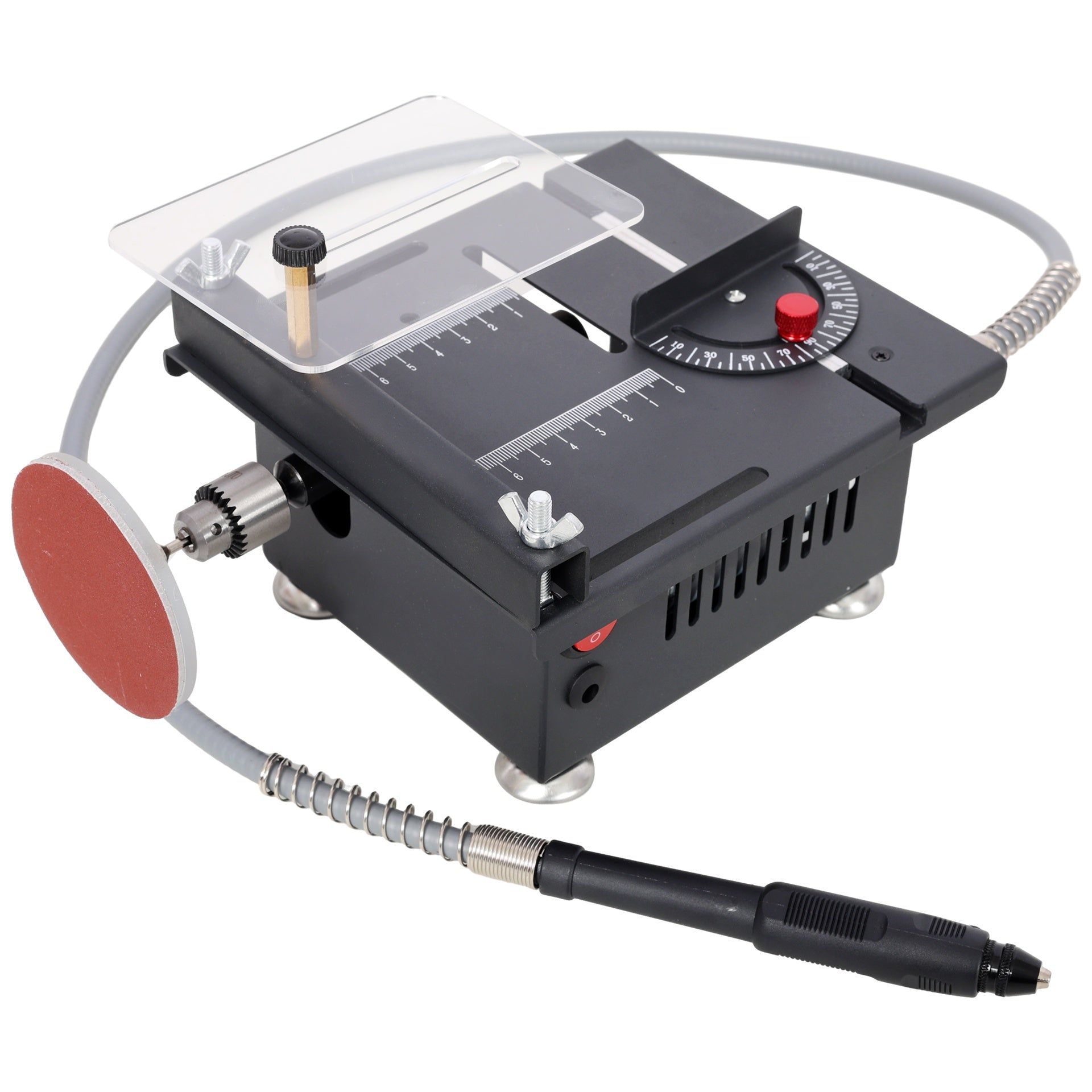 100W Multi-Functional Table Saw Mini Desktop Electric Saw Cutter Speed & Angle Adjustable 16MM Cutting Depth with Blade Flexible Shaft and More Accessories for Wood Plastic Acrylic Cutting