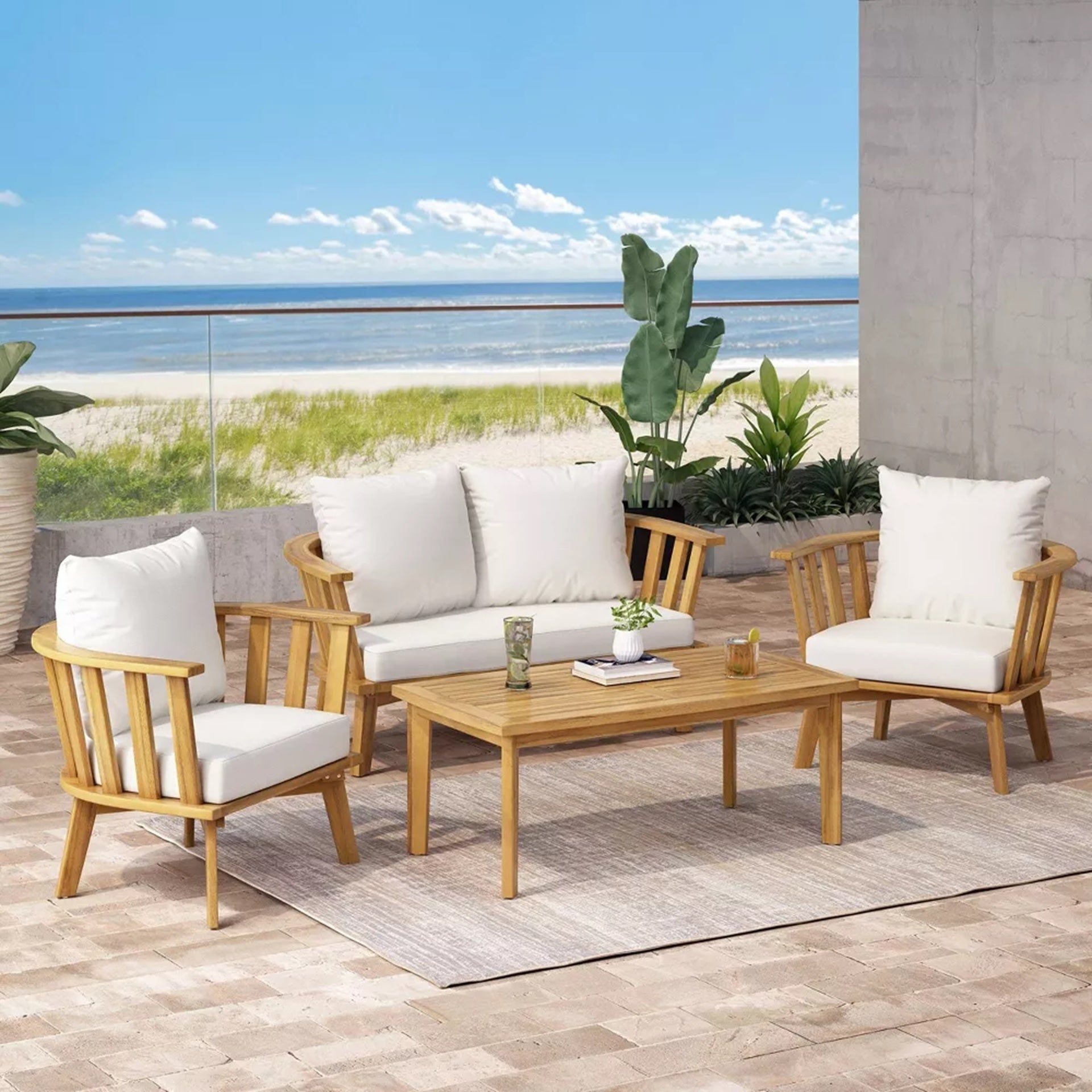 4-Pieces Acacia Wood Patio Furniture Set, Outdoor Furniture with Coffee Table, Patio Conversation Set Deep Seating with Soft Cushion, Porch Chairs for Backyard Porch Balcony, Teak Finish, White