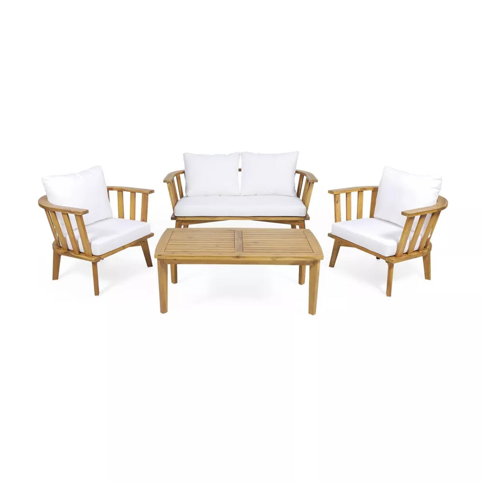 4-Pieces Acacia Wood Patio Furniture Set, Outdoor Furniture with Coffee Table, Patio Conversation Set Deep Seating with Soft Cushion, Porch Chairs for Backyard Porch Balcony, Teak Finish, White