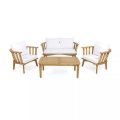 4-Pieces Acacia Wood Patio Furniture Set, Outdoor Furniture with Coffee Table, Patio Conversation Set Deep Seating with Soft Cushion, Porch Chairs for Backyard Porch Balcony, Teak Finish, White