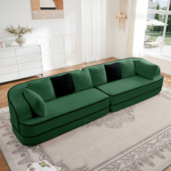 135" 4-Seat Teddy Fabric No Assembly 32D High Density sponge Boneless Sofa Fluffy Comfy Couch,Oversize sofa,Contrast color design,Symmetrical aesthetics,for Living Room,Green