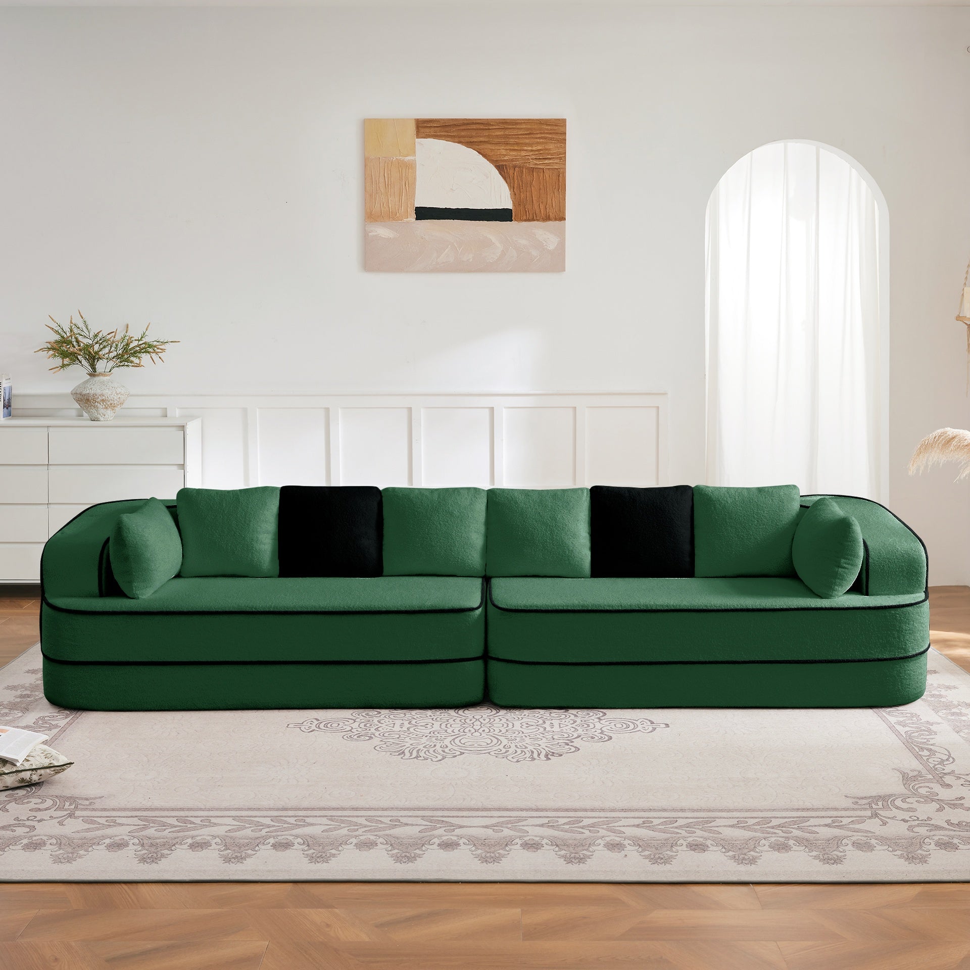 135" 4-Seat Teddy Fabric No Assembly 32D High Density sponge Boneless Sofa Fluffy Comfy Couch,Oversize sofa,Contrast color design,Symmetrical aesthetics,for Living Room,Green
