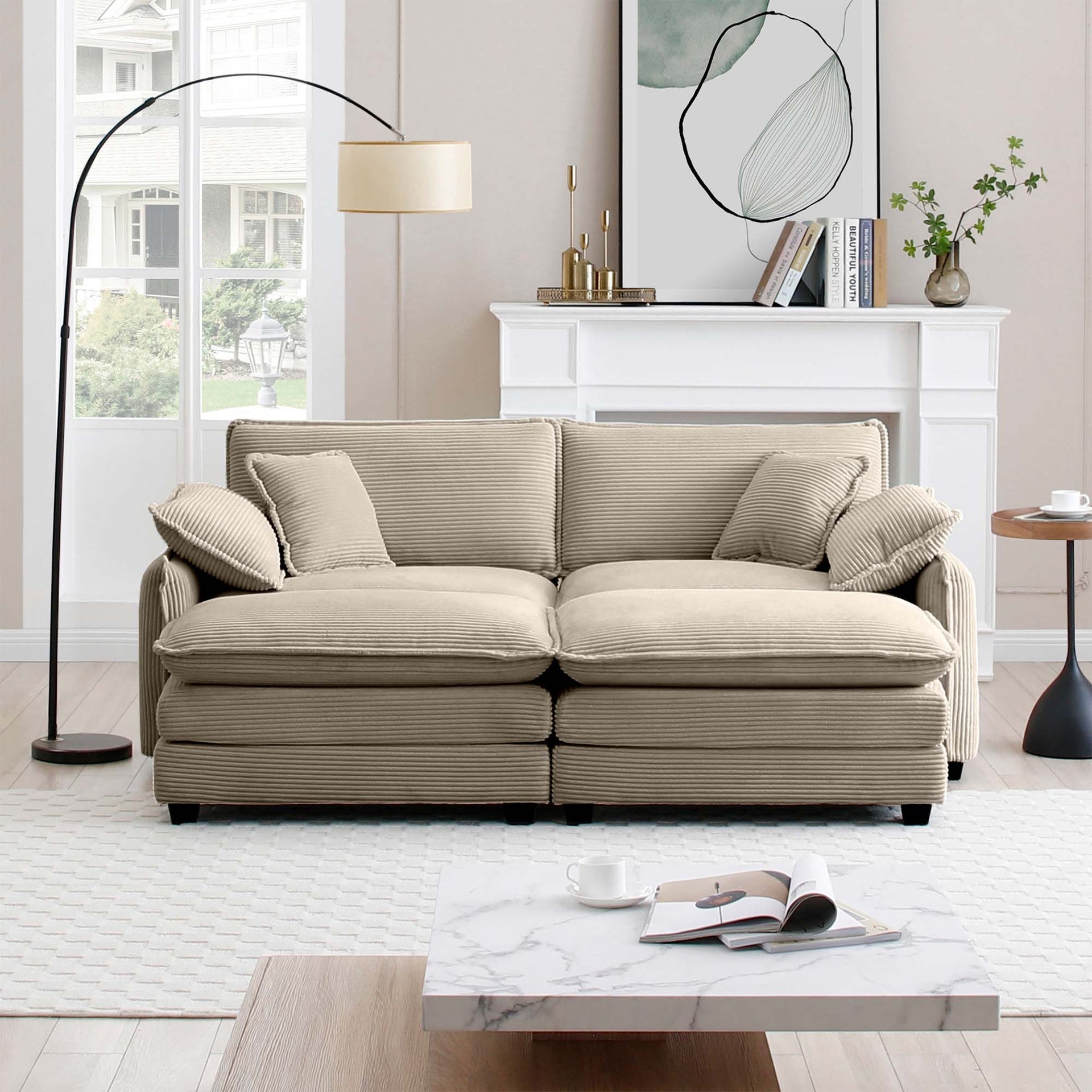 Two-Seater Theater Sofa  with 2 Footrest, 2-Seater Sofa with Ottoman for Small Living Spaces,Tan Corduroy