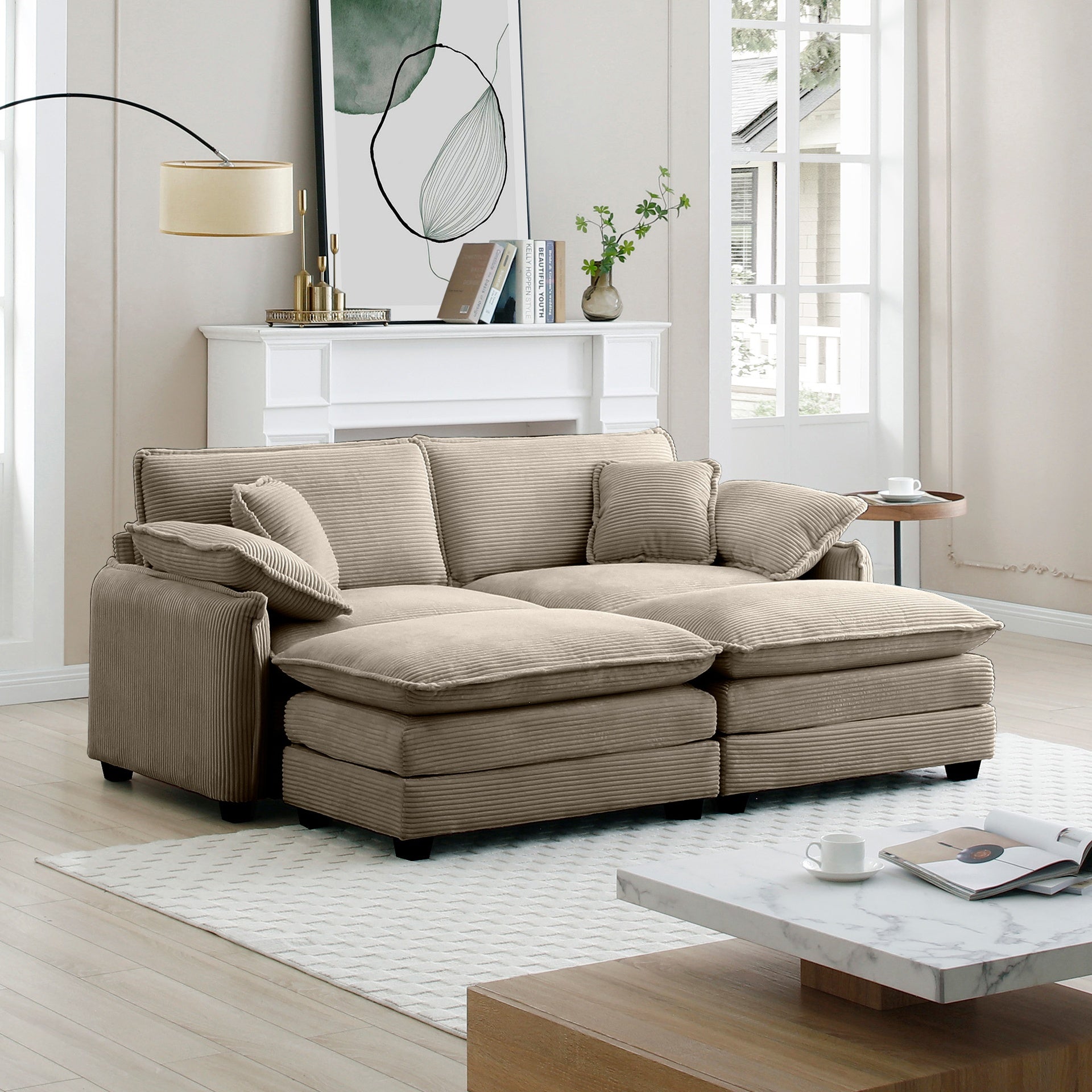 Two-Seater Theater Sofa  with 2 Footrest, 2-Seater Sofa with Ottoman for Small Living Spaces,Tan Corduroy