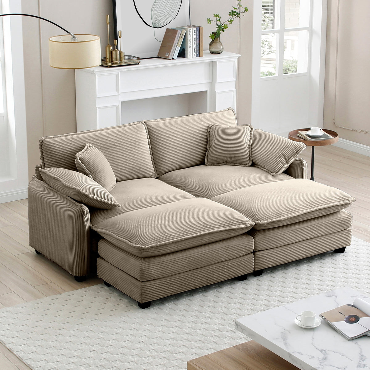 Two-Seater Theater Sofa  with 2 Footrest, 2-Seater Sofa with Ottoman for Small Living Spaces,Tan Corduroy