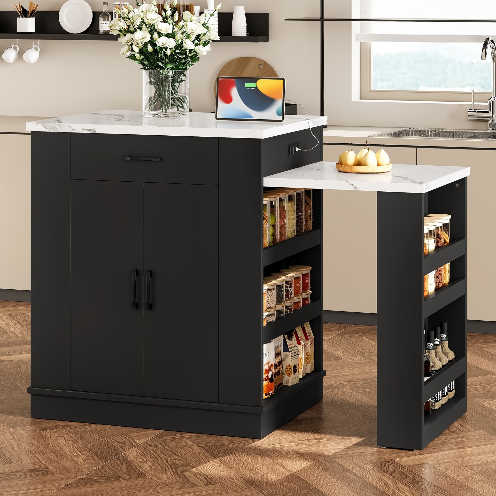 Extendable island console with drawers, double-door cabinet, and open shelving. Serves as dining table, temporary breakfast bar, and afternoon tea lounge,Black