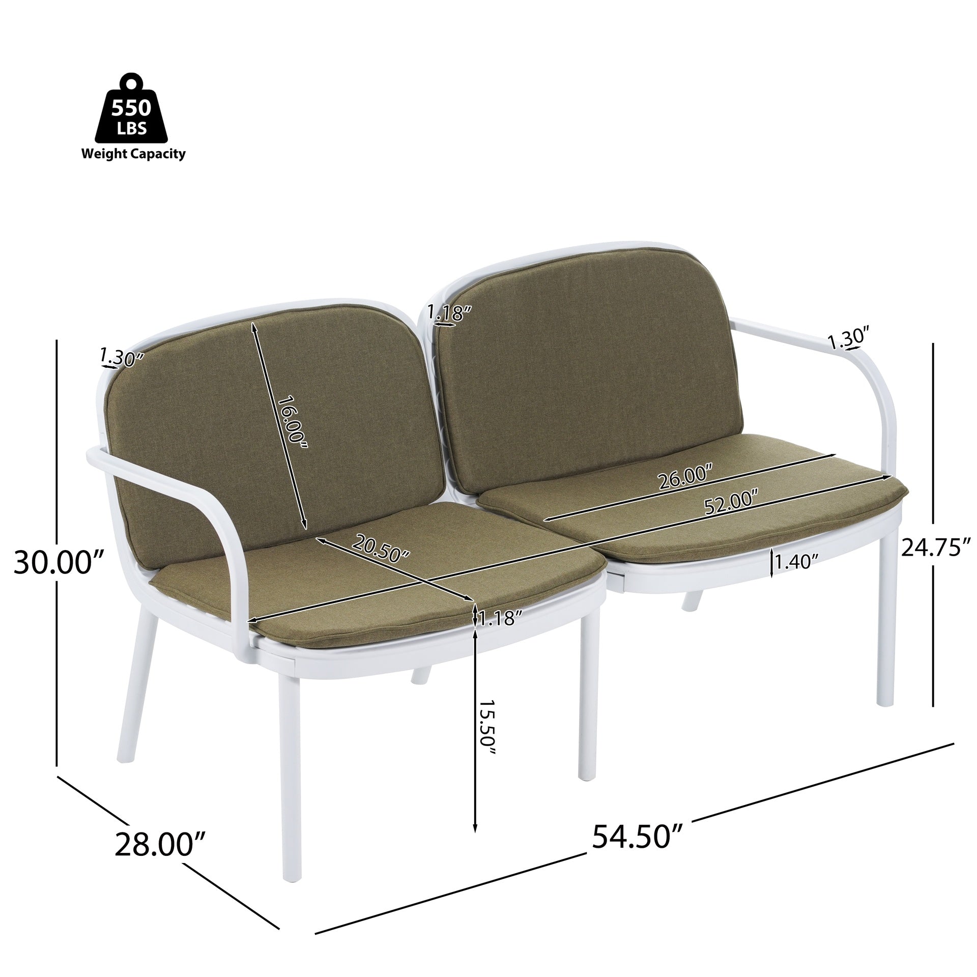 Luna Outdoor Patio PP 3PCS CHAT SET, White Frame with Green Cushion, (2Pcs Club Chairs and 1Pcs Loveseat)