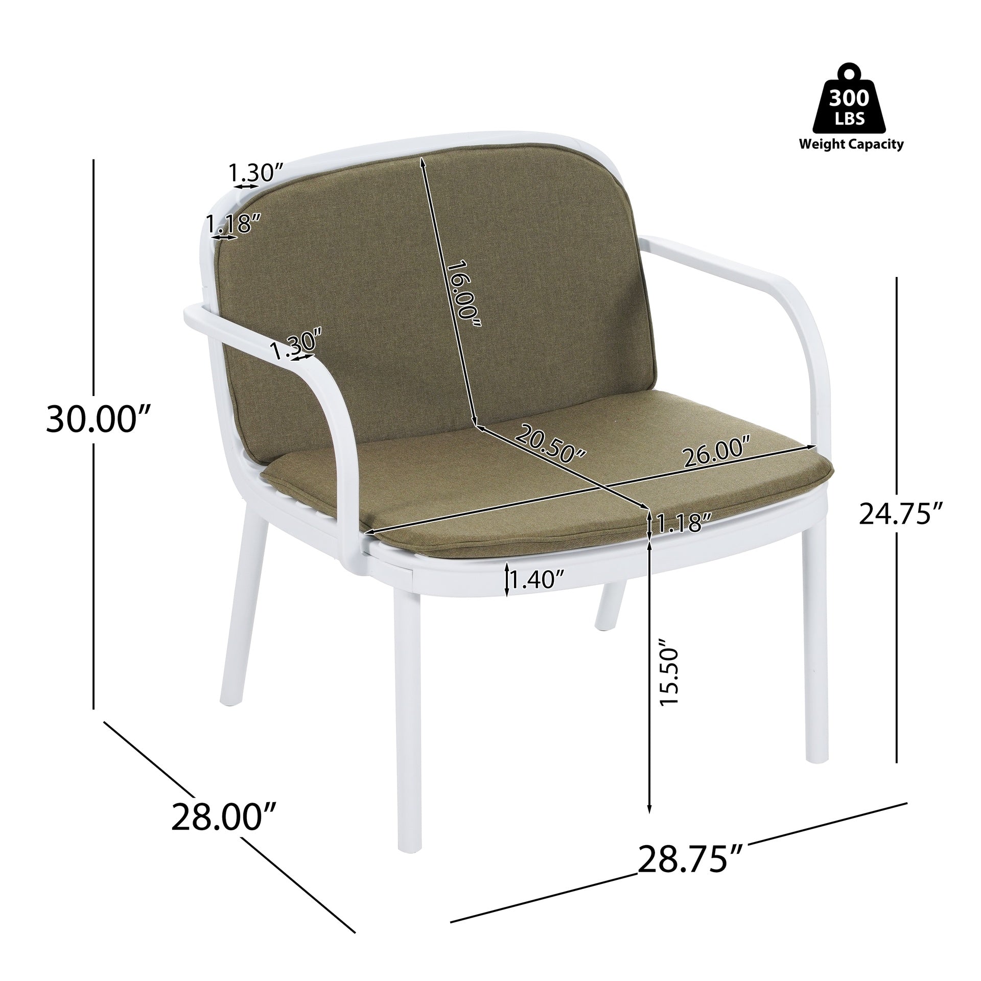 Luna Outdoor Patio PP 3PCS CHAT SET, White Frame with Green Cushion, (2Pcs Club Chairs and 1Pcs Loveseat)