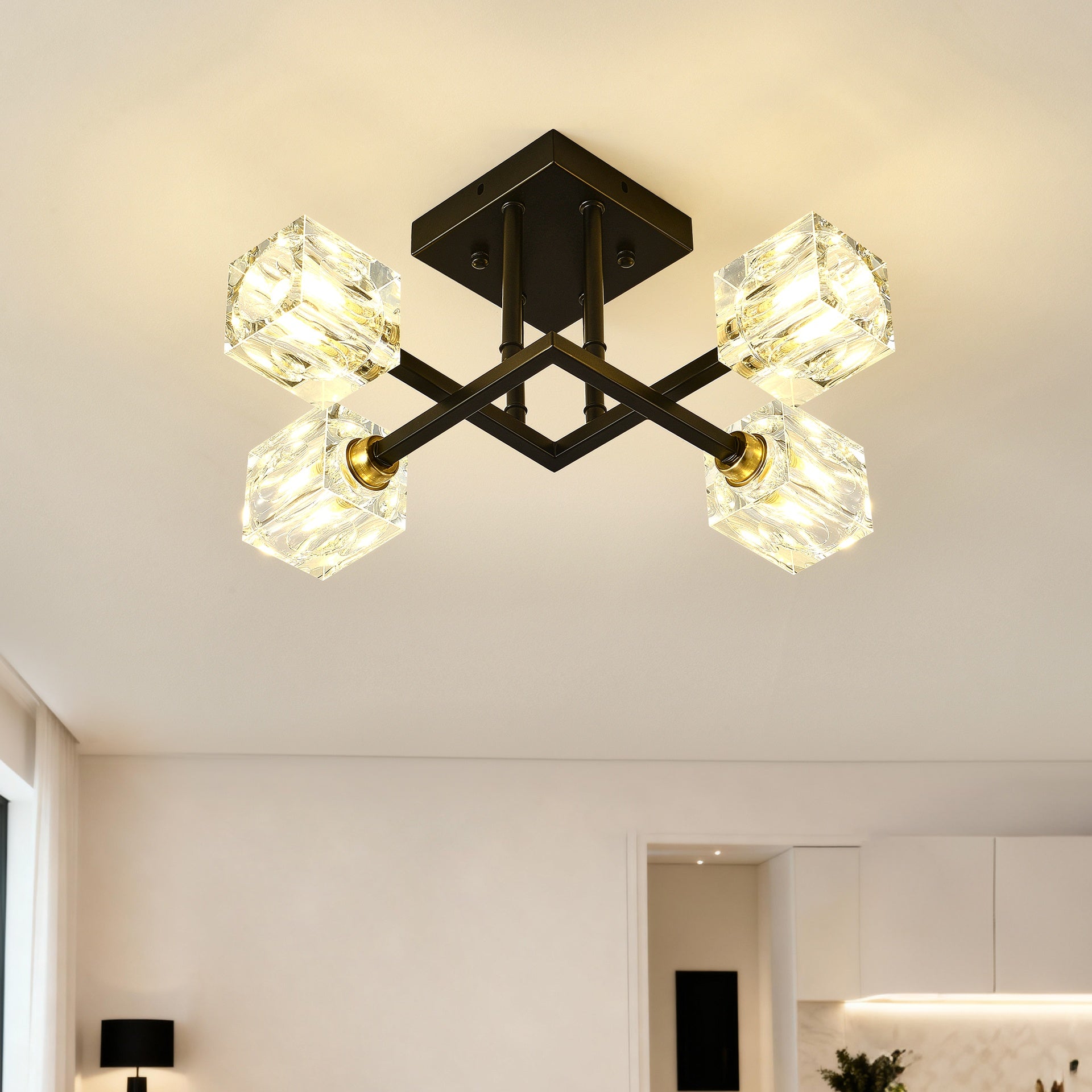 Modern Luxurious Crystal Ceiling Light, 4 Lights (BO INCLUDED Bulb) Modern Crystal Ceiling Light for Dining Room, Pendant Lamp Ceiling Lighting for Living Bedroom Hall Balcony --Matte Black