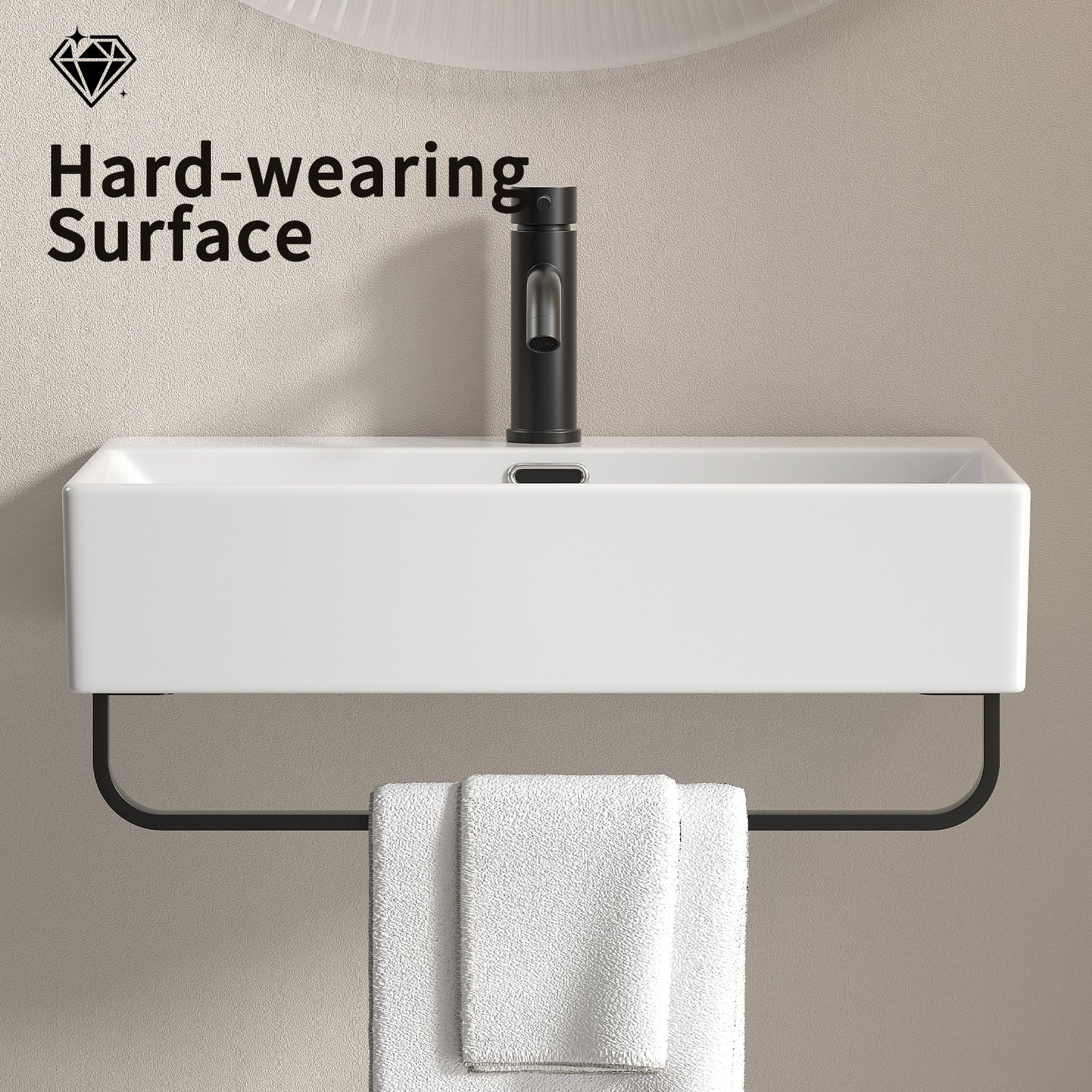 White Vessel Sink, Small Vessel Sink for Bathrooms with Towel Rack, Small Wall Mount Bathroom Sink with Faucet Hole