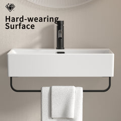 White Vessel Sink, Small Vessel Sink for Bathrooms with Towel Rack, Small Wall Mount Bathroom Sink with Faucet Hole