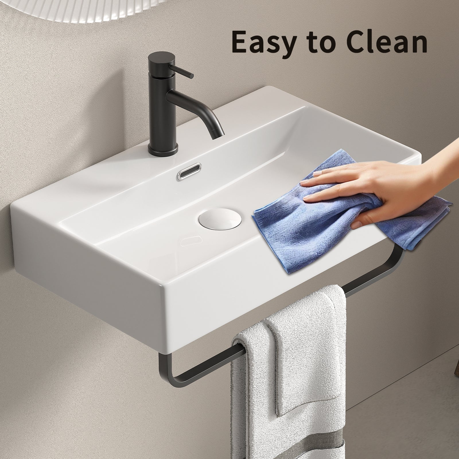 White Vessel Sink, Small Vessel Sink for Bathrooms with Towel Rack, Small Wall Mount Bathroom Sink with Faucet Hole