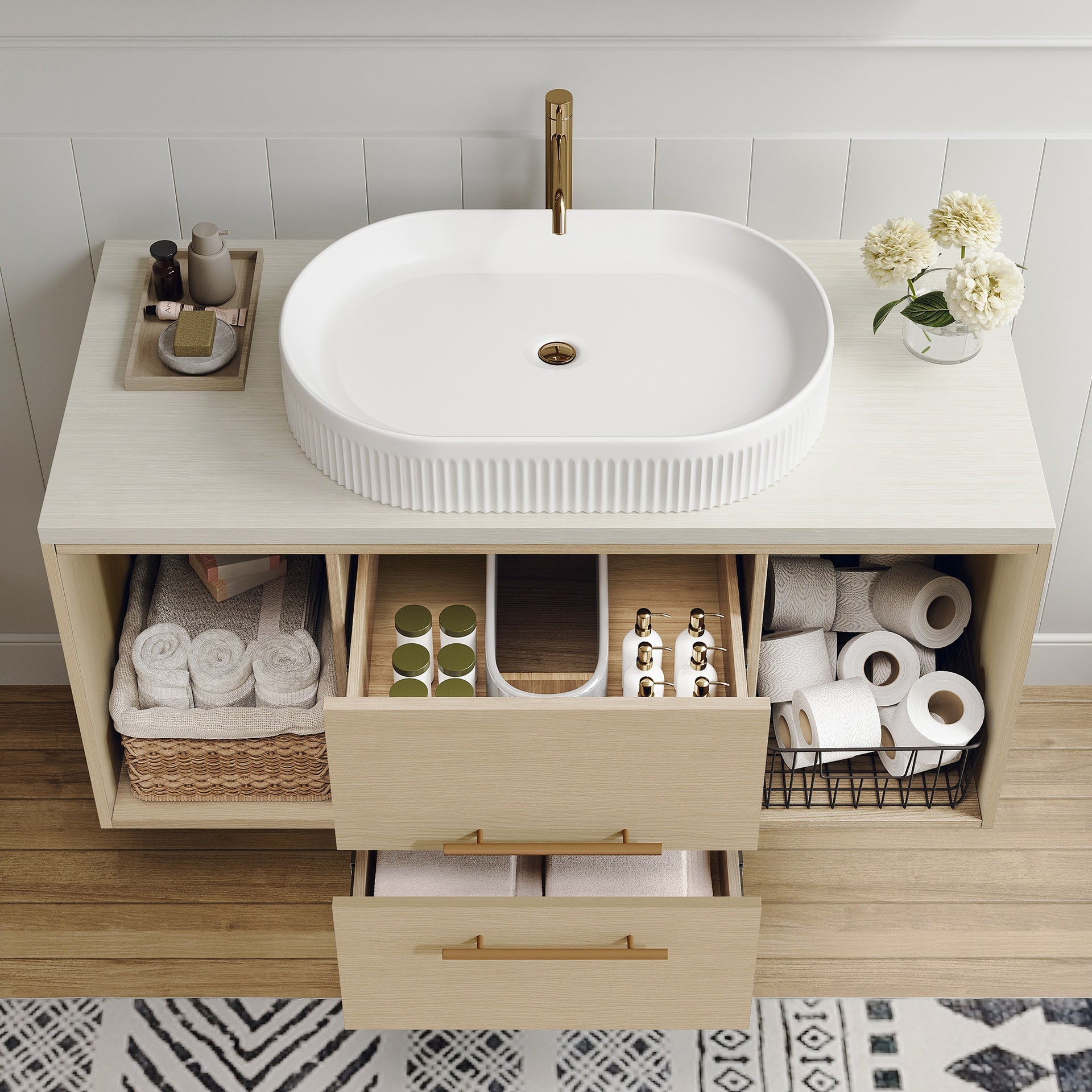 Modern 39.3 Wall-Mounted Bathroom Vanity with Oval Ceramic Sink Floating Vanity Multi-Layer Solid Wood Cabinet Soft-Close Drawers Open Shelf Storage