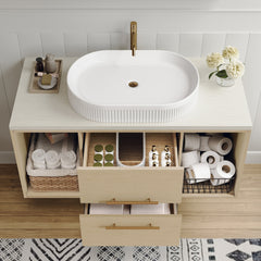 Modern 39.3 Wall-Mounted Bathroom Vanity with Oval Ceramic Sink Floating Vanity Multi-Layer Solid Wood Cabinet Soft-Close Drawers Open Shelf Storage