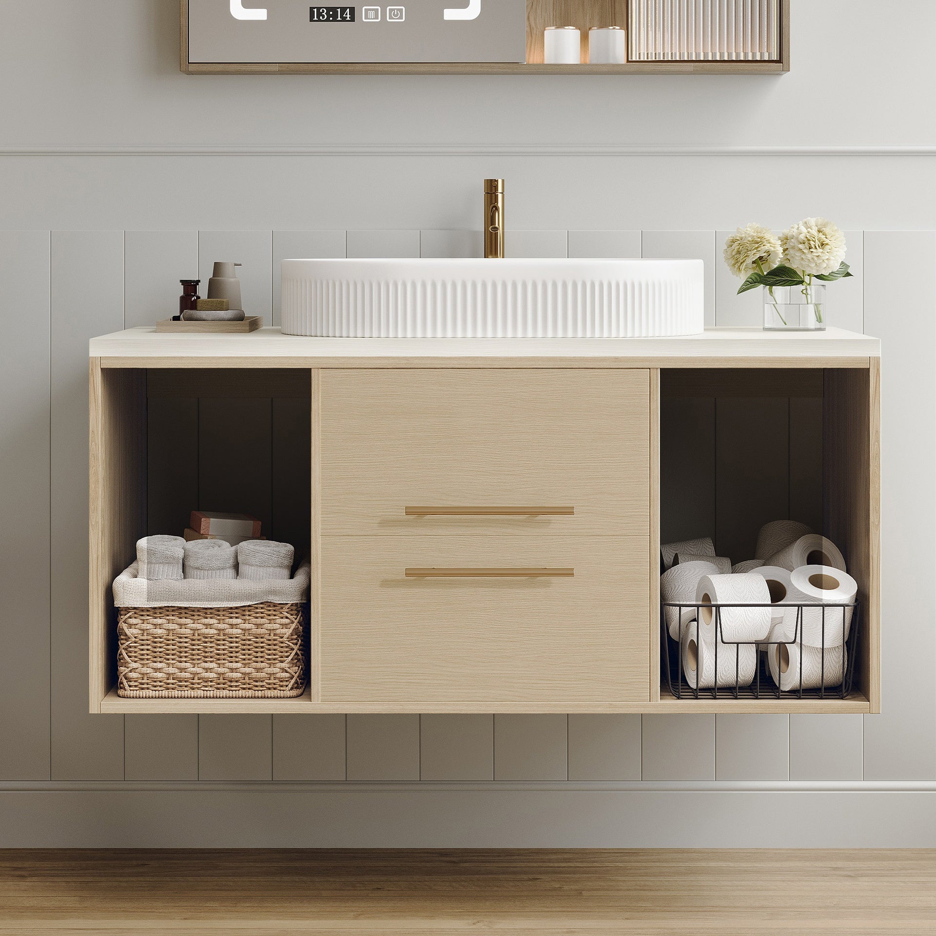 Modern 39.3 Wall-Mounted Bathroom Vanity with Oval Ceramic Sink Floating Vanity Multi-Layer Solid Wood Cabinet Soft-Close Drawers Open Shelf Storage