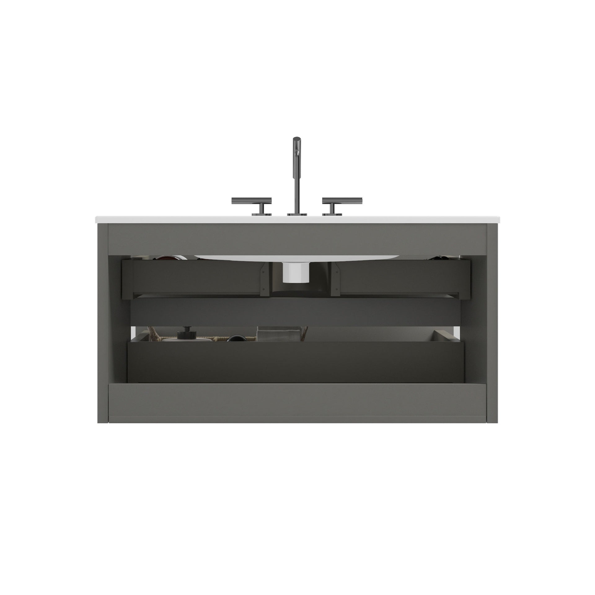 TIA 36" Wall Mount Space Grey Bathroom Vanity with Ceramic Sink with Three Faucet Holes, Large Storage Floating Bathroom Vanity for Modern Bathroom, Pre-assembled