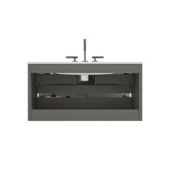 TIA 36" Wall Mount Space Grey Bathroom Vanity with Ceramic Sink with Three Faucet Holes, Large Storage Floating Bathroom Vanity for Modern Bathroom, Pre-assembled