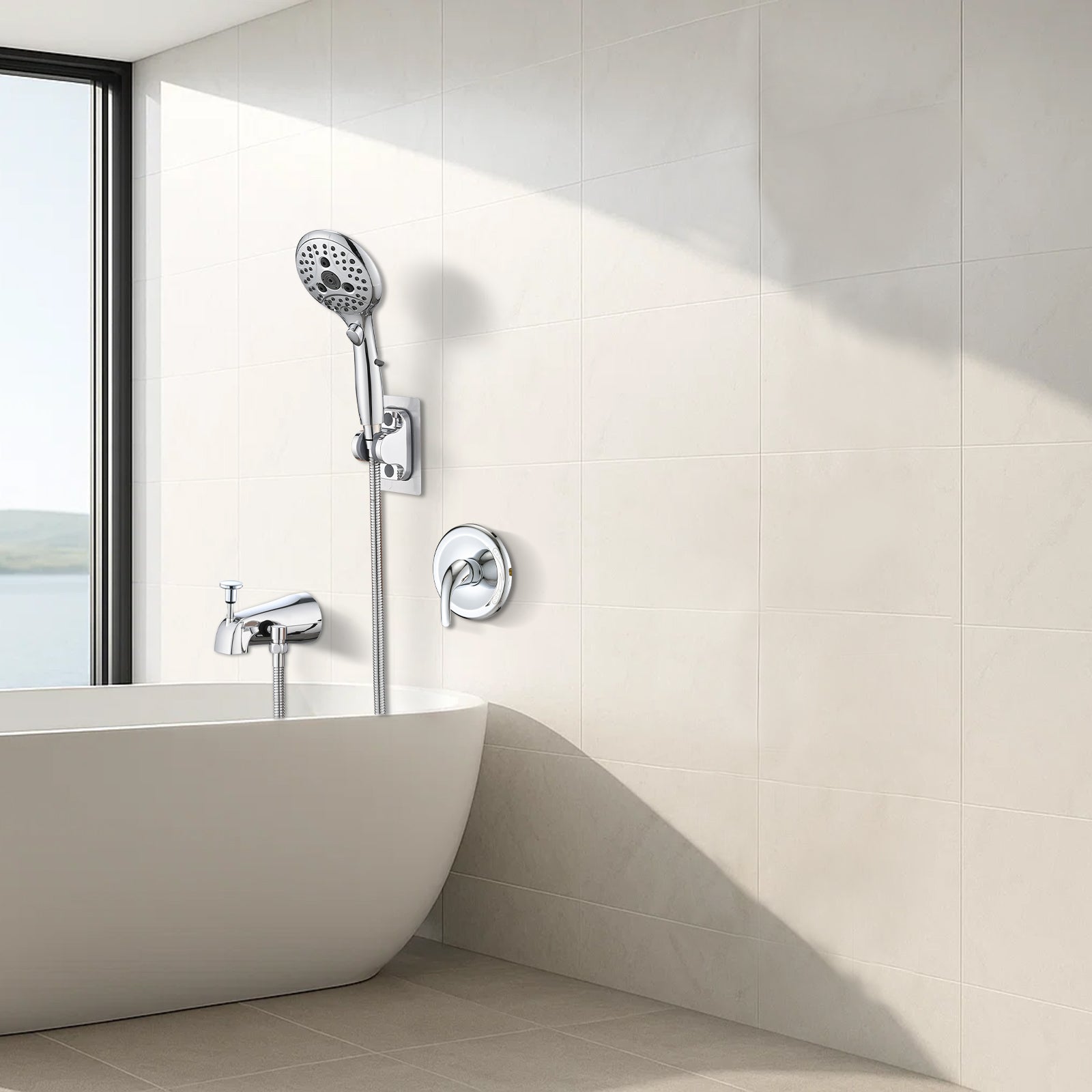 Lift-Up Diverter Bathtub Faucet with 6 Settings Handheld Shower in Chrome (Rough-in Valve Not Included)
