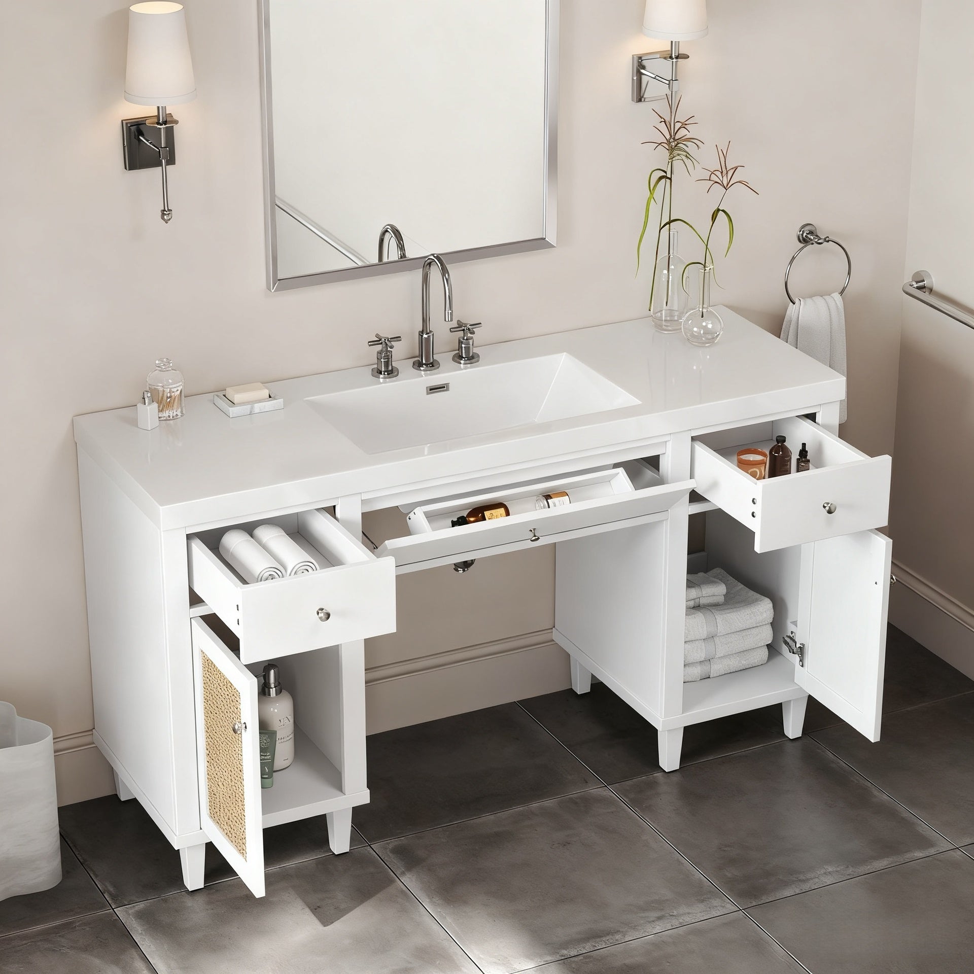 60 Inch Bathroom Vanity with SMC Sink, Modern Spacious Bathroom Storage Cabinet with Soft Close Drawers and Tip-Out Tray, Solid Wood Legs and Silver Metal Knobs, White