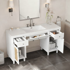 60 Inch Bathroom Vanity with SMC Sink, Modern Spacious Bathroom Storage Cabinet with Soft Close Drawers and Tip-Out Tray, Solid Wood Legs and Silver Metal Knobs, White