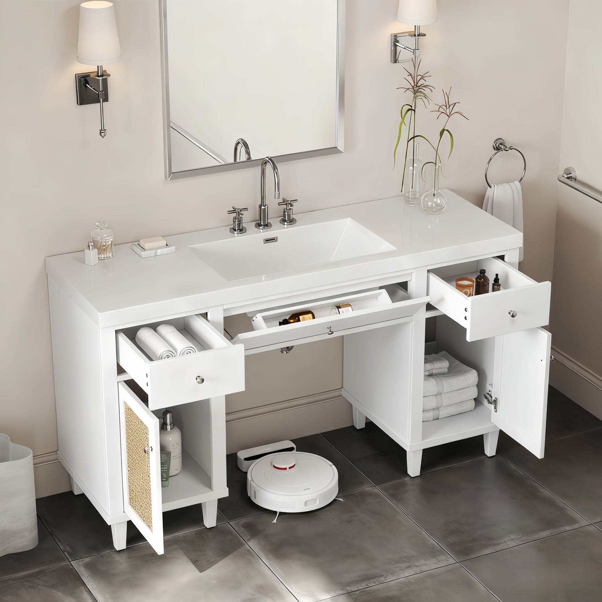 60 Inch Bathroom Vanity with SMC Sink, Modern Spacious Bathroom Storage Cabinet with Soft Close Drawers and Tip-Out Tray, Solid Wood Legs and Silver Metal Knobs, White