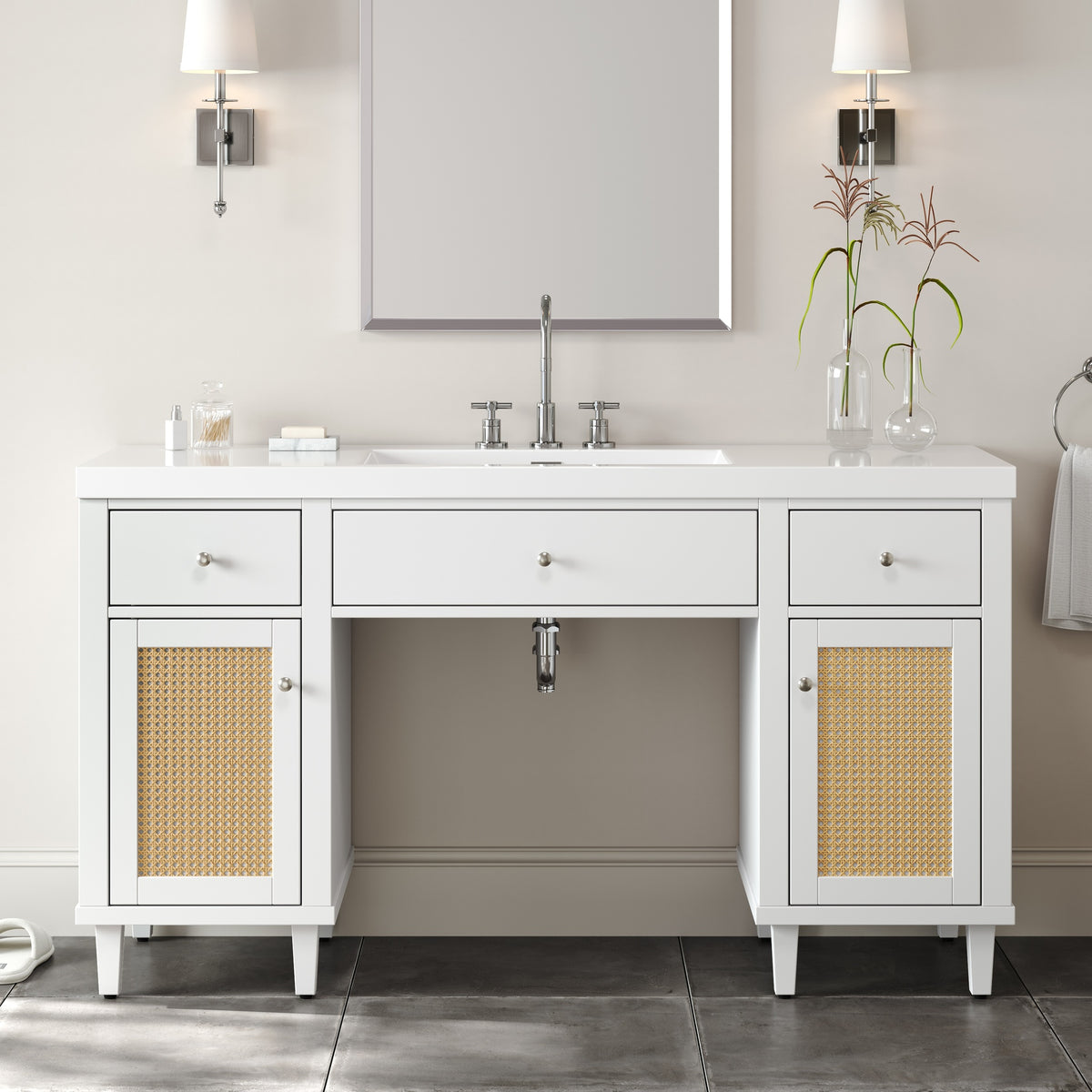60 Inch Bathroom Vanity with SMC Sink, Modern Spacious Bathroom Storage Cabinet with Soft Close Drawers and Tip-Out Tray, Solid Wood Legs and Silver Metal Knobs, White